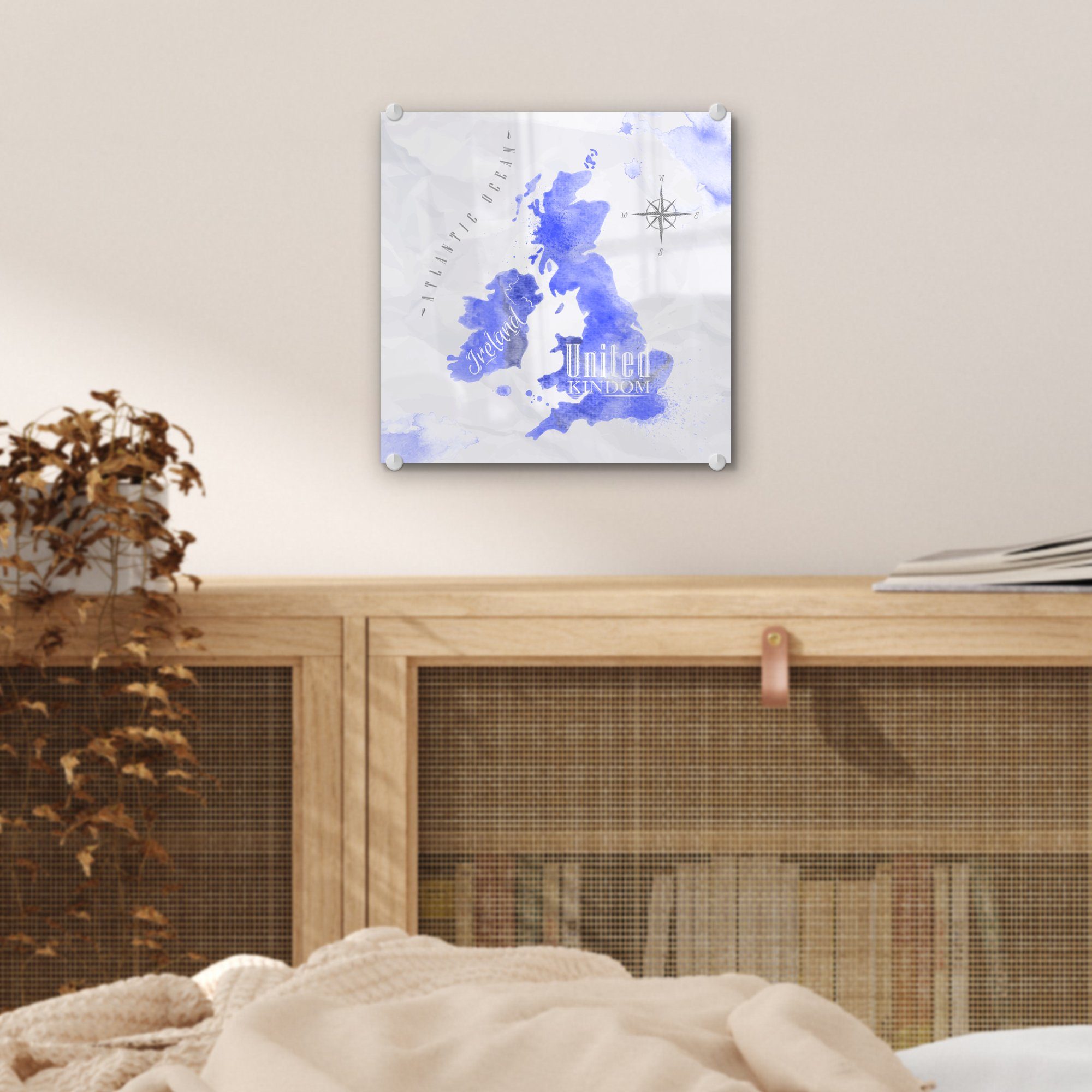(1 St), - Wandbild Glasbilder - England Glas auf Karte, Acrylglasbild Foto Glas Aquarell MuchoWow Bilder - Wanddekoration - - auf