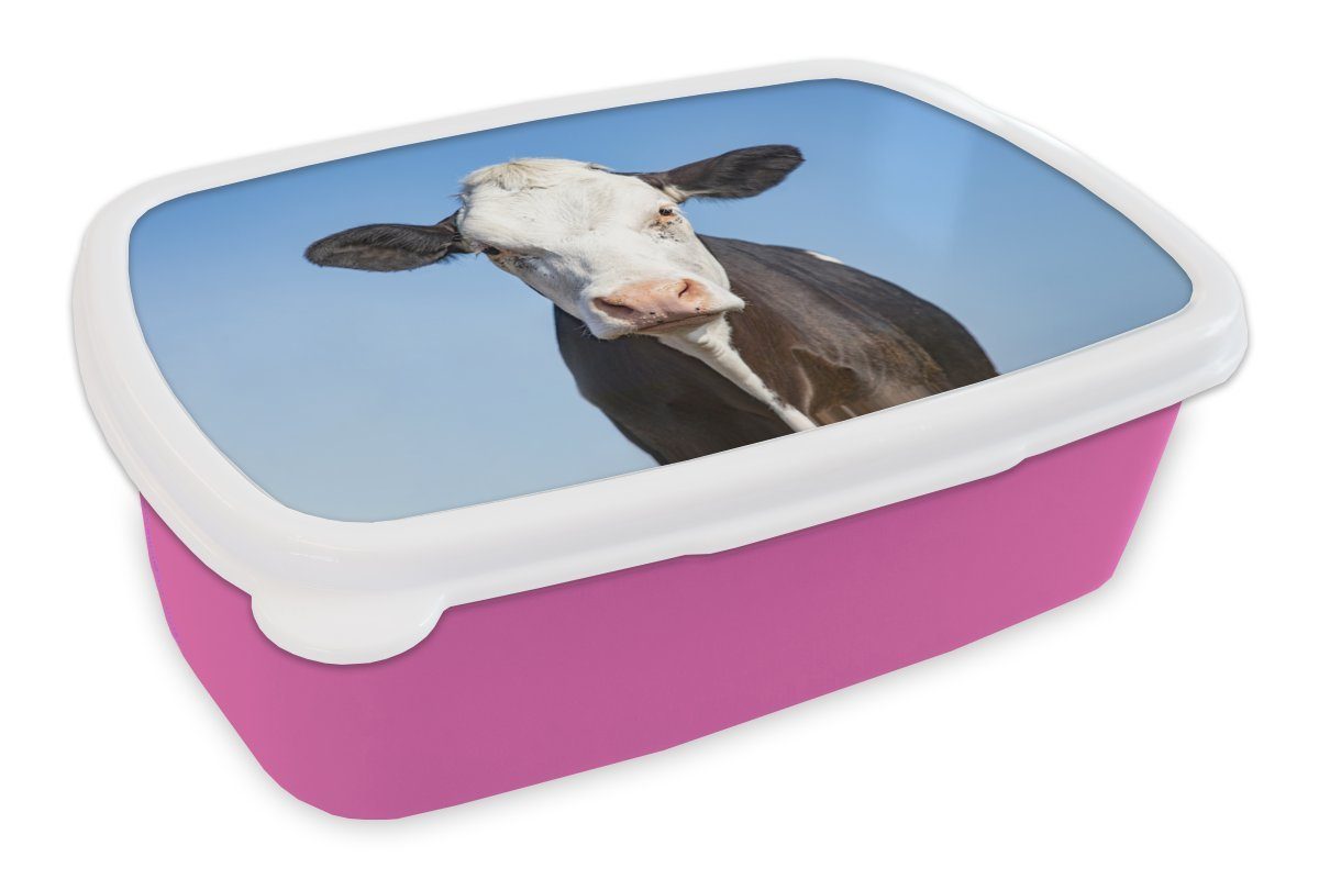 - - Brotbox Blau, Mädchen, Kuh Lunchbox MuchoWow Kunststoff für Kunststoff, (2-tlg), Erwachsene, Kinder, Makro Snackbox, Brotdose rosa