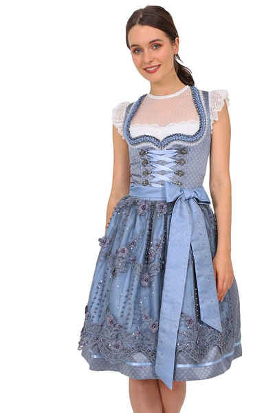 Krüger Madl Dirndl "Nayara" mit Süitzenschürze 49396 - Blau Grau 60cm