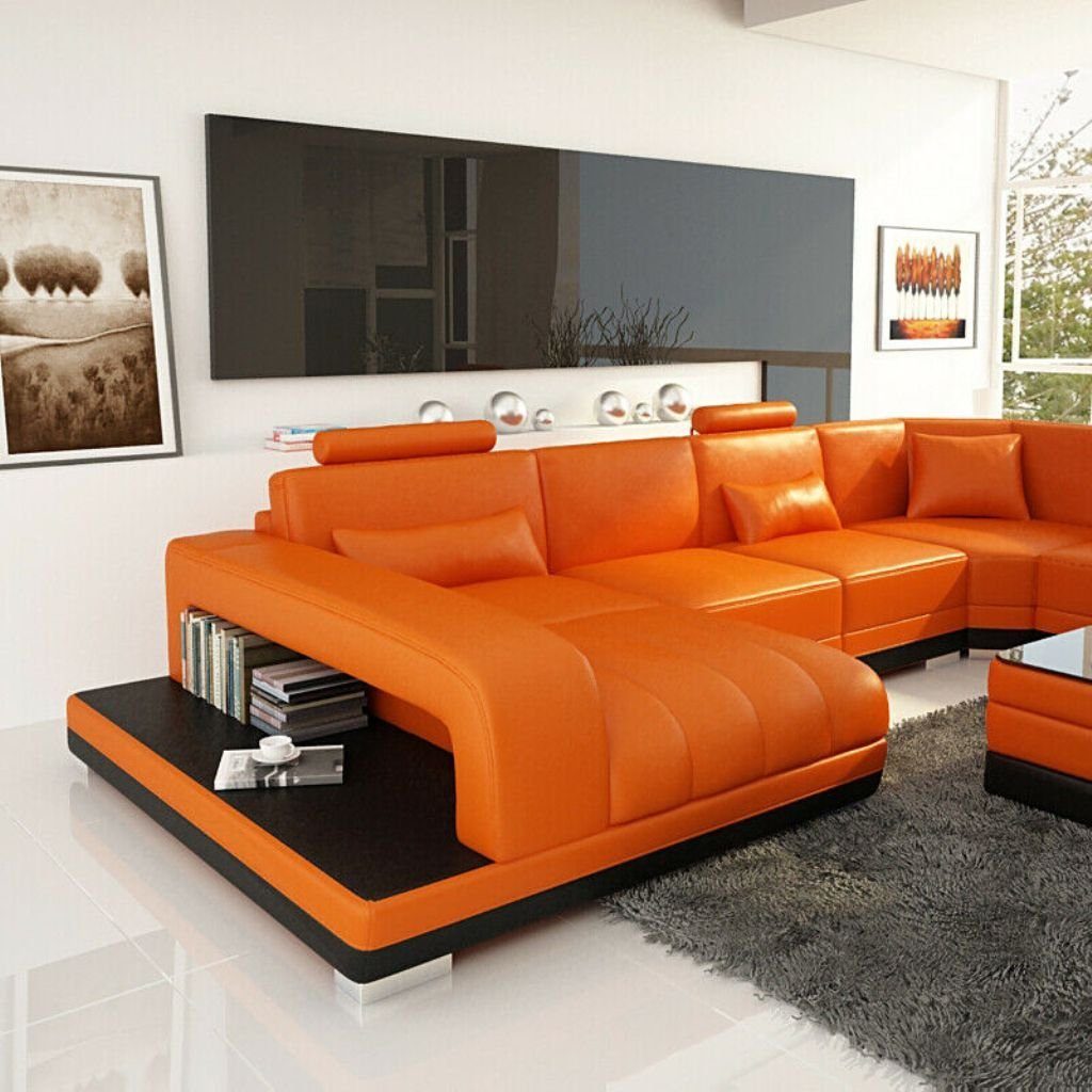 Orange JVmoebel Moderne Ecke Design Garnitur USB Couch Ecksofa Wohnlandschaft Leder Eck Sofa