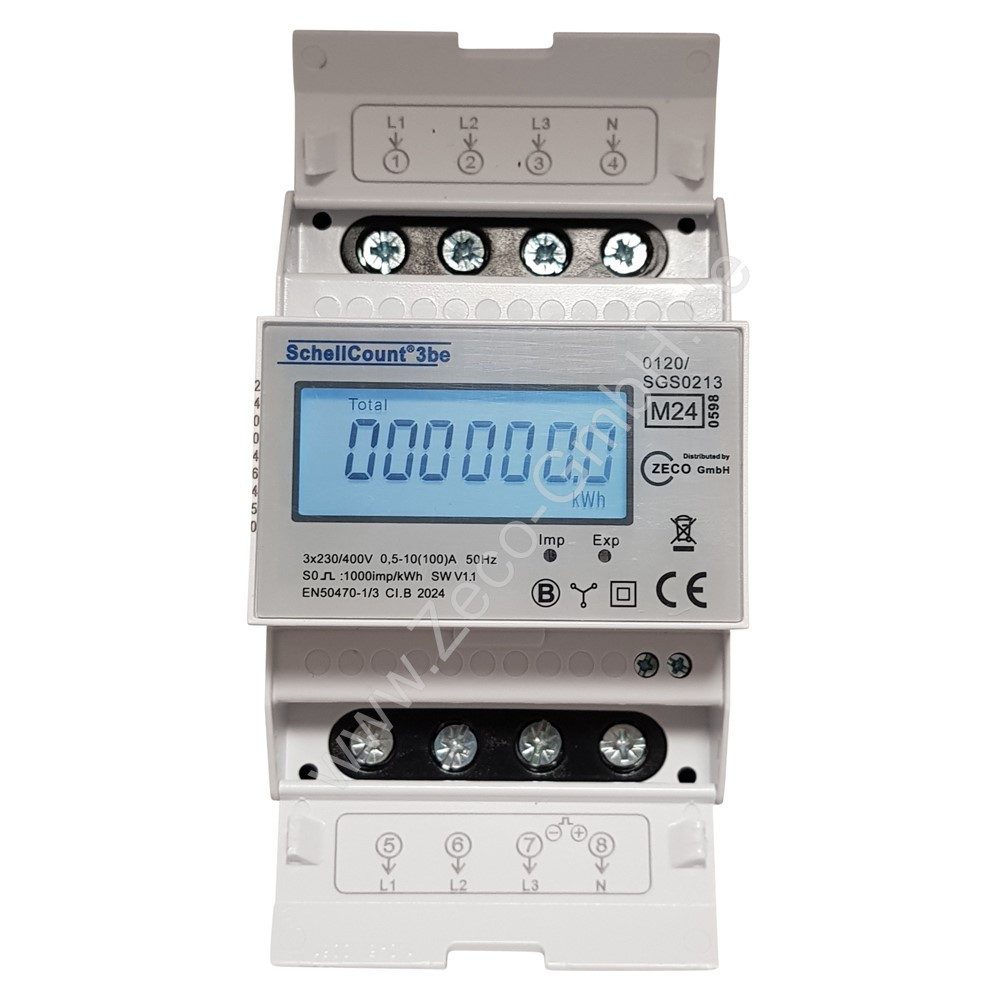 Schellcount Drehstromzähler digitaler 3-Phasen Stromzähler, MID geeicht, LC-Display, Hutschiene