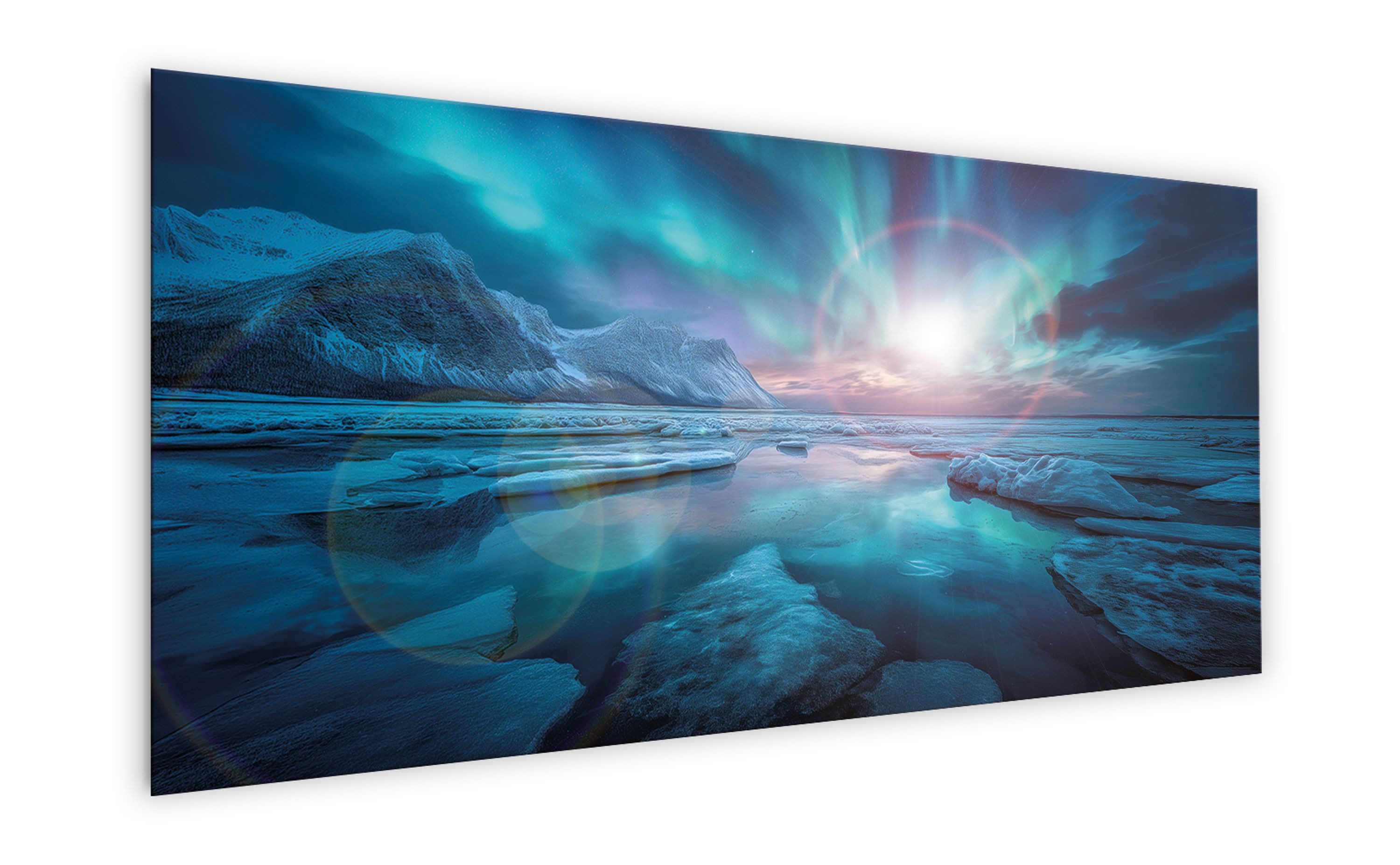 artissimo Glasbild XXL Bild aus Glas 125x50 cm / Panorama Wandbild groß / Wanddeko modern, Landschaft: Polarlichter über Eislandschaft in Blau und Türkis