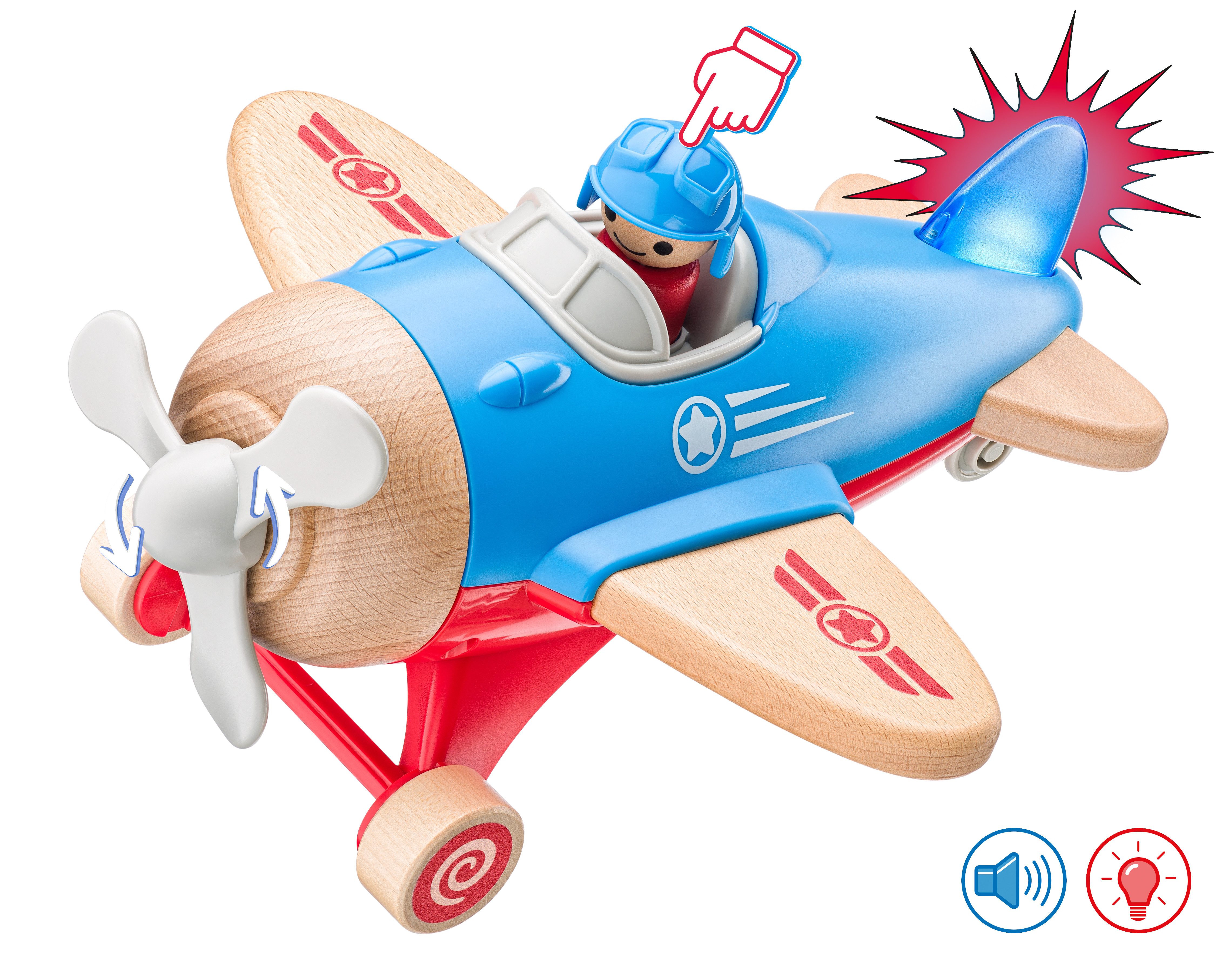 Woodyland Lernspielzeug 92044 Flugzeug mit Licht, Sound und Musik. Propeller beweglich (2-St), Mit Licht, Sound und Musik