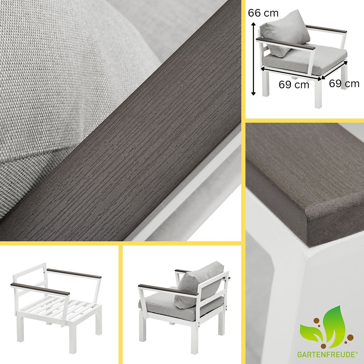 Aluminium Gartentisch Grau / Weiß mit Gartenfreude Stoff Sessel wasserabweisenden Kissen (1-St), Ambience