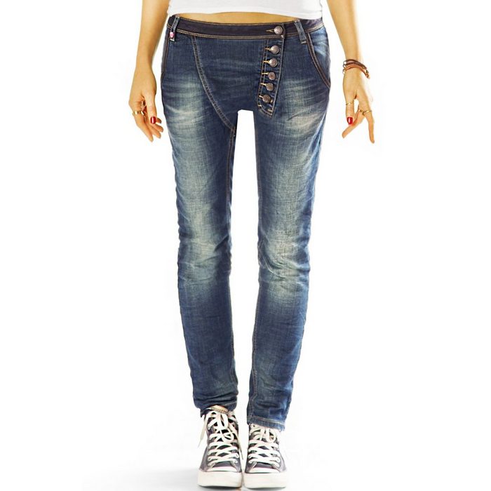 be styled Low-rise-Jeans Slim fit Hüftjeans mit asymmetrischer Knopfleiste - Damen - j15L mit Stretch-Anteil hüftig low waist lange schräge Knopfleiste Ziernähte