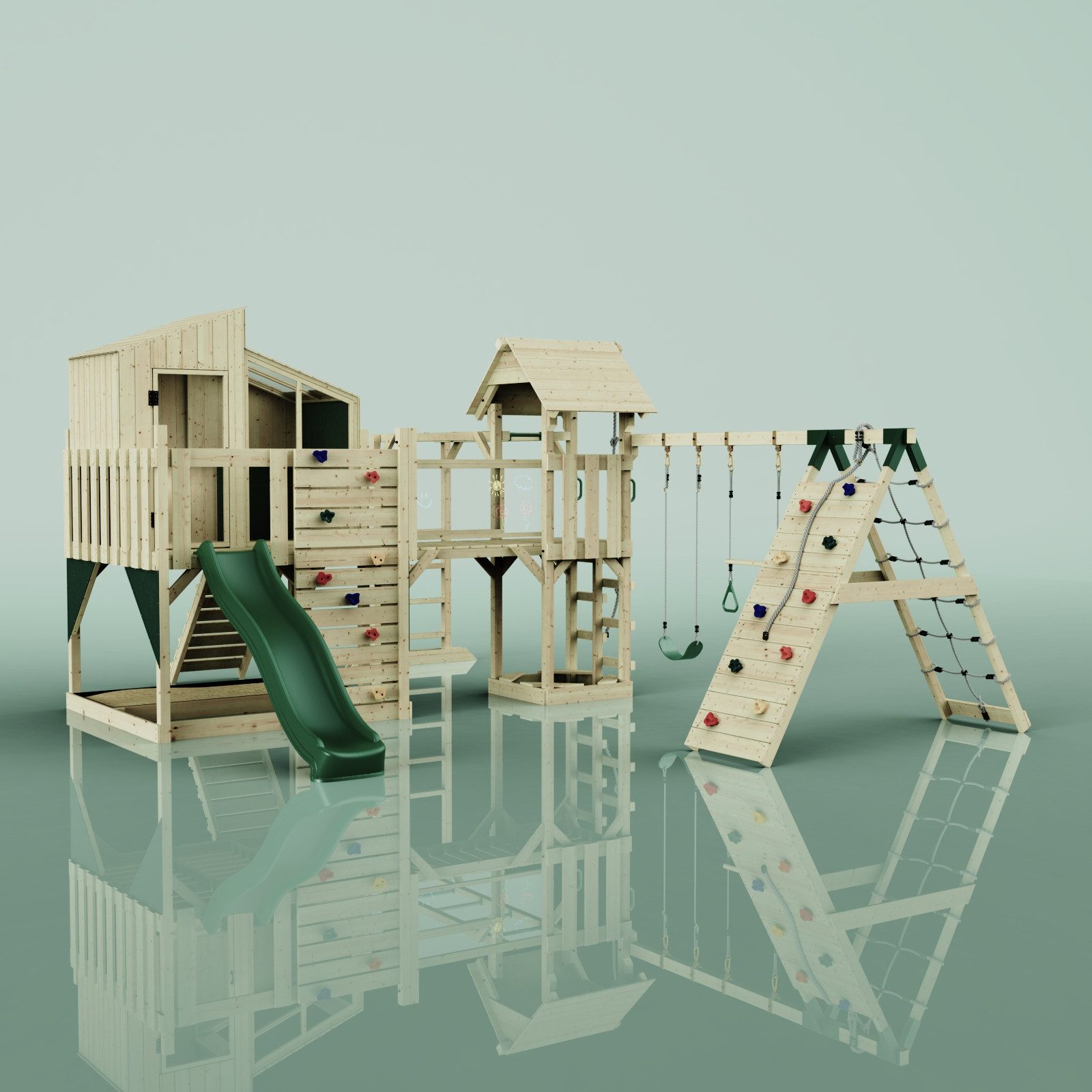 OutdoorToys Spielturm Gustav, aus Holz in Dunkelgrün mit Trapezschaukel mit Rutsche, Kletterwand