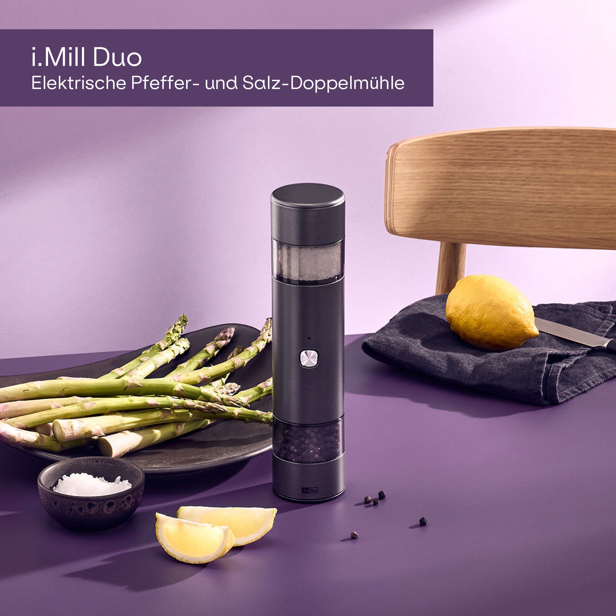 AdHoc Salz-/Pfeffermühle i.Mill Duo Akku, CeraCut® Ceramic-Mahlwerk, GravitySwitch-Automatik, SilentDrive-Motor