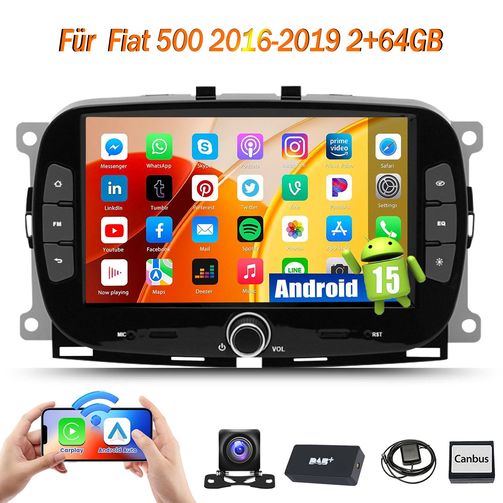 ESSGOO DAB+ Carplay Für Fiat 500 2016-2019 Android 15 Autoradio GPS Navi WIFI Autoradio (FM, RDS, 4+64GB(optional), DAB+ (optional), Carplay Android Auto Bluetooth EQ USB GPS Navi WIFI Touchscreen)