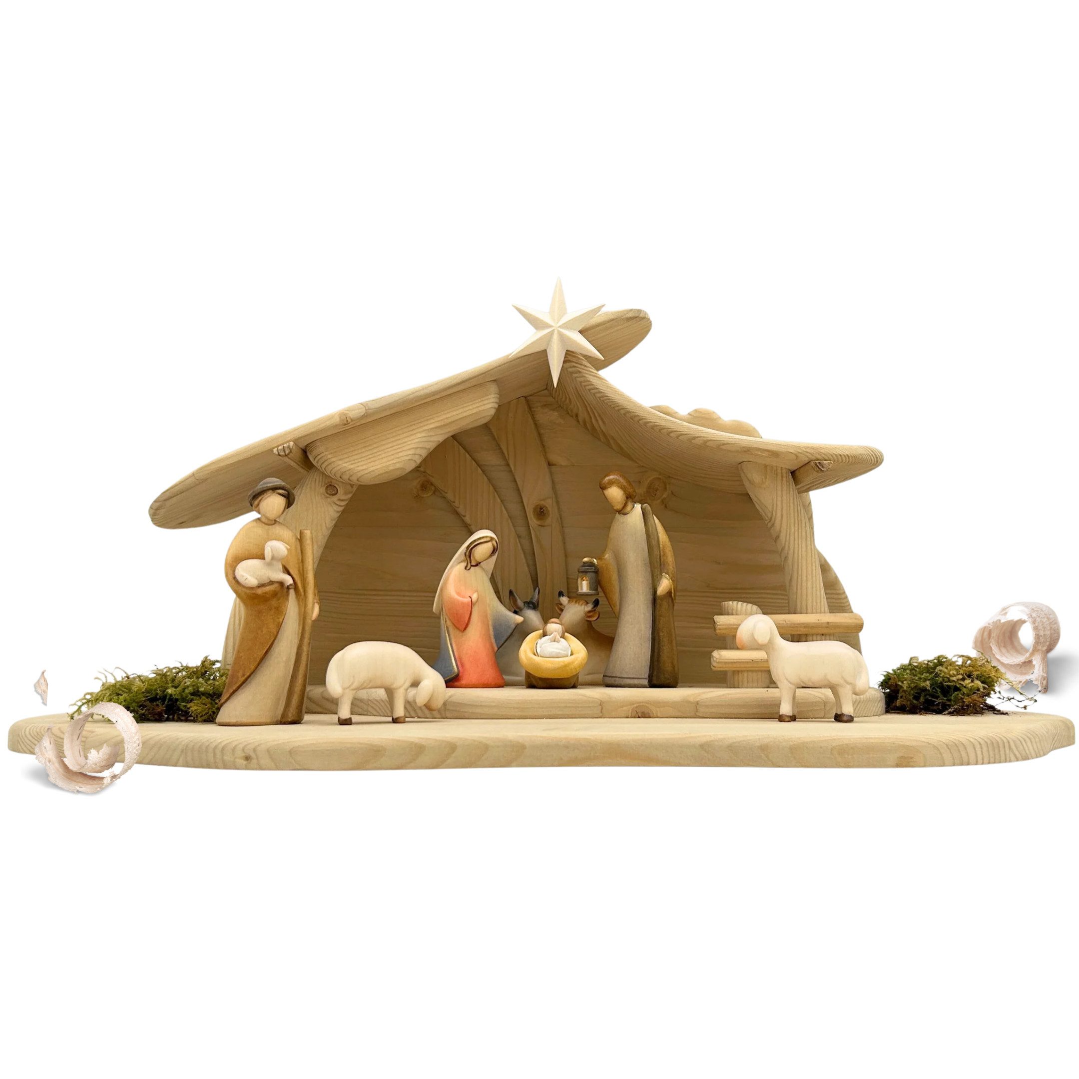 Akantus Krippe Weihnachtskrippe aus Holz: 8-teiliges Figuren Set (bemalt) mit Stall, holzgeschnitzt, handbemalt, Ahornholz, Made in Südtirol
