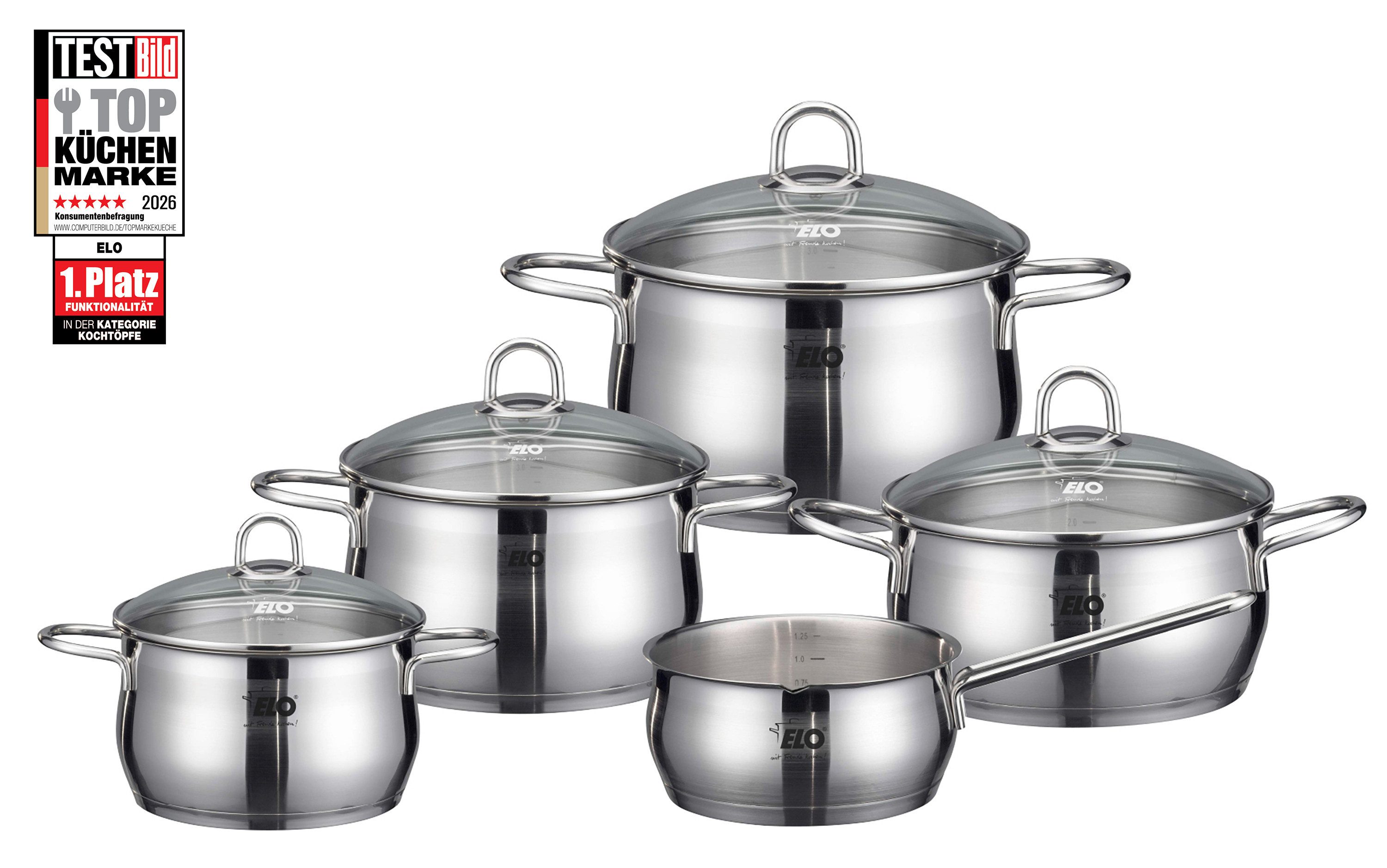 Elo Topf-Set Platin, Edelstahl 18/10 (Set, 9-tlg., 1 Bratentopf 20 cm, je 1 Fleischtopf 16/20/24 cm, 1 Kasserolle 16 cm), Induktion