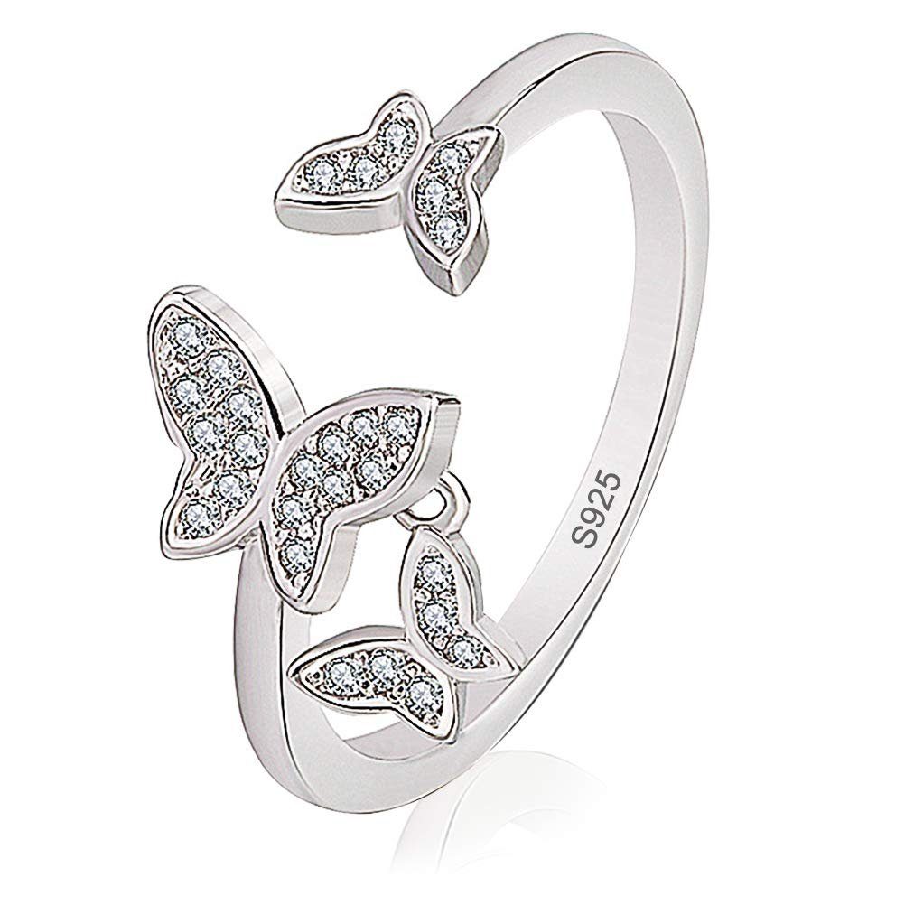 POCHUMIDUU Perlenohrringe Schmetterling Silber 925 Adjustable Ring, Women Ringe Verstellbare Für Mädchen, Geschenk Zum Jahrestag