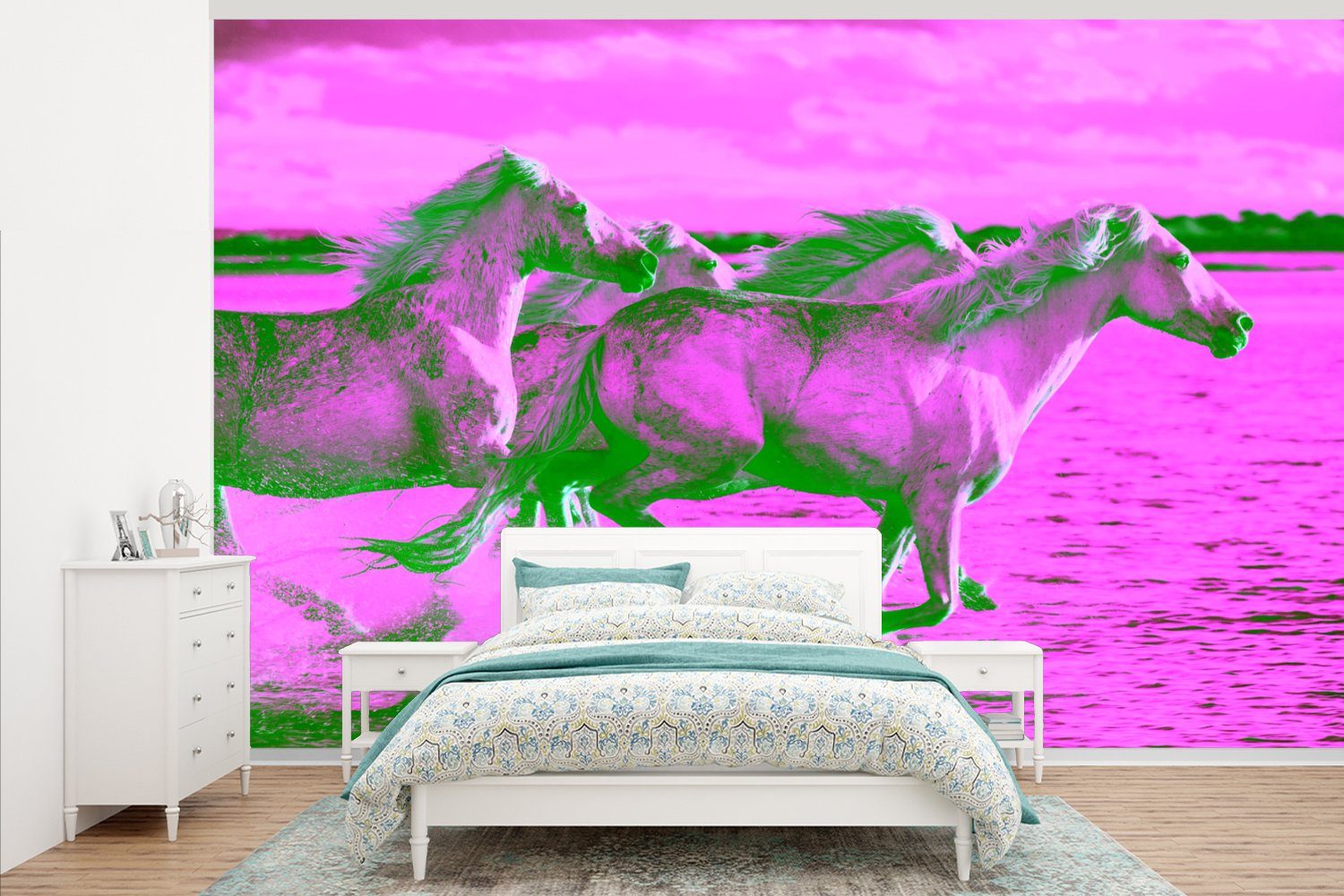 MuchoWow Fototapete Pferde - Wasser - Rosa - Grün - Mädchen - Kinder - Mädchen, Matt, bedruckt, (7 St), Montagefertig Vinyl Tapete für Wohnzimmer, Wandtapete