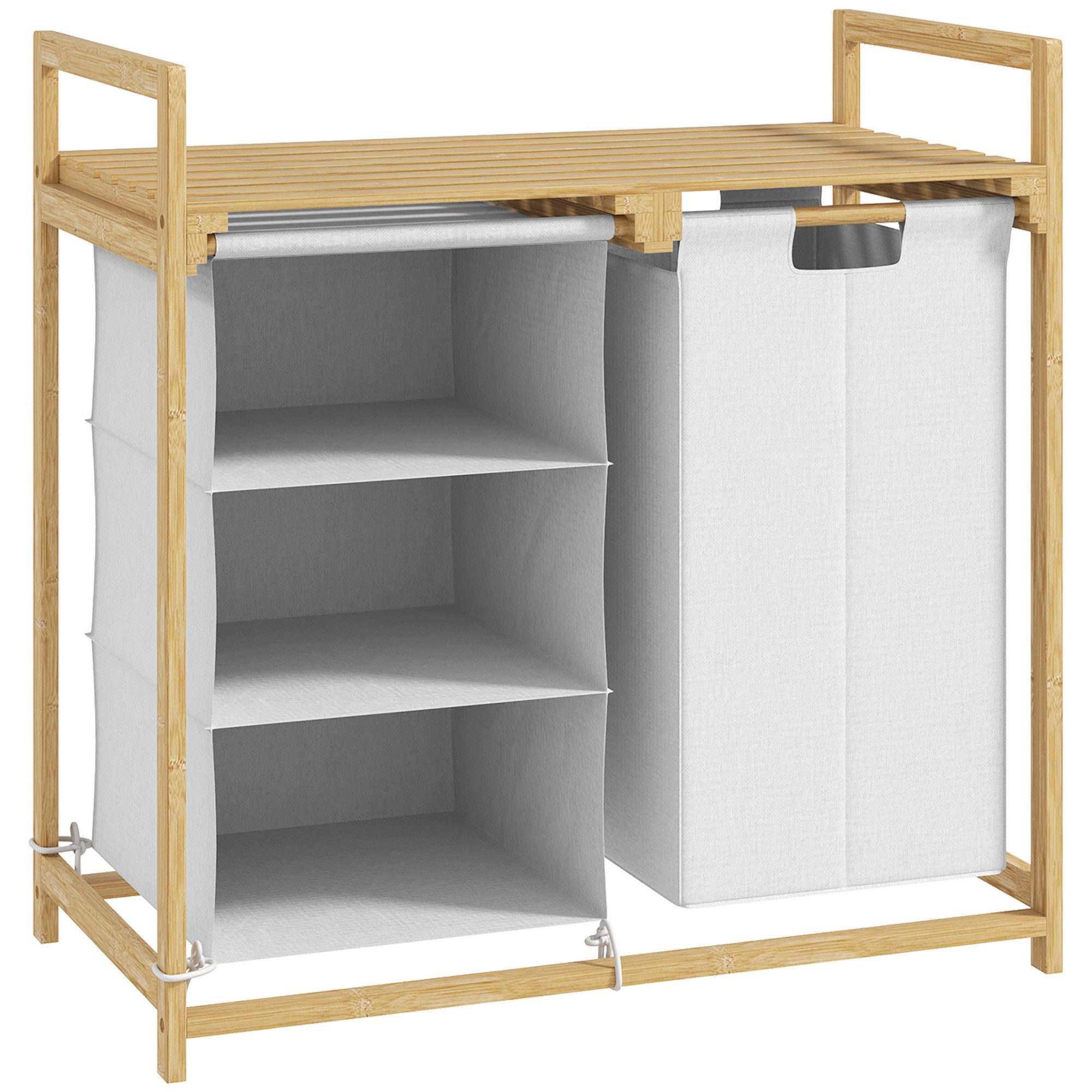 MC Star Wäschekorb 4 Fächer Wäschesammler mit 2 ausziehbaren & abnehmbaren Wäschesäcken (Ablage 83L Wäschebox mit Griff Wäschesortierer 70 x 36 x 70 cm Bambus Weiß)