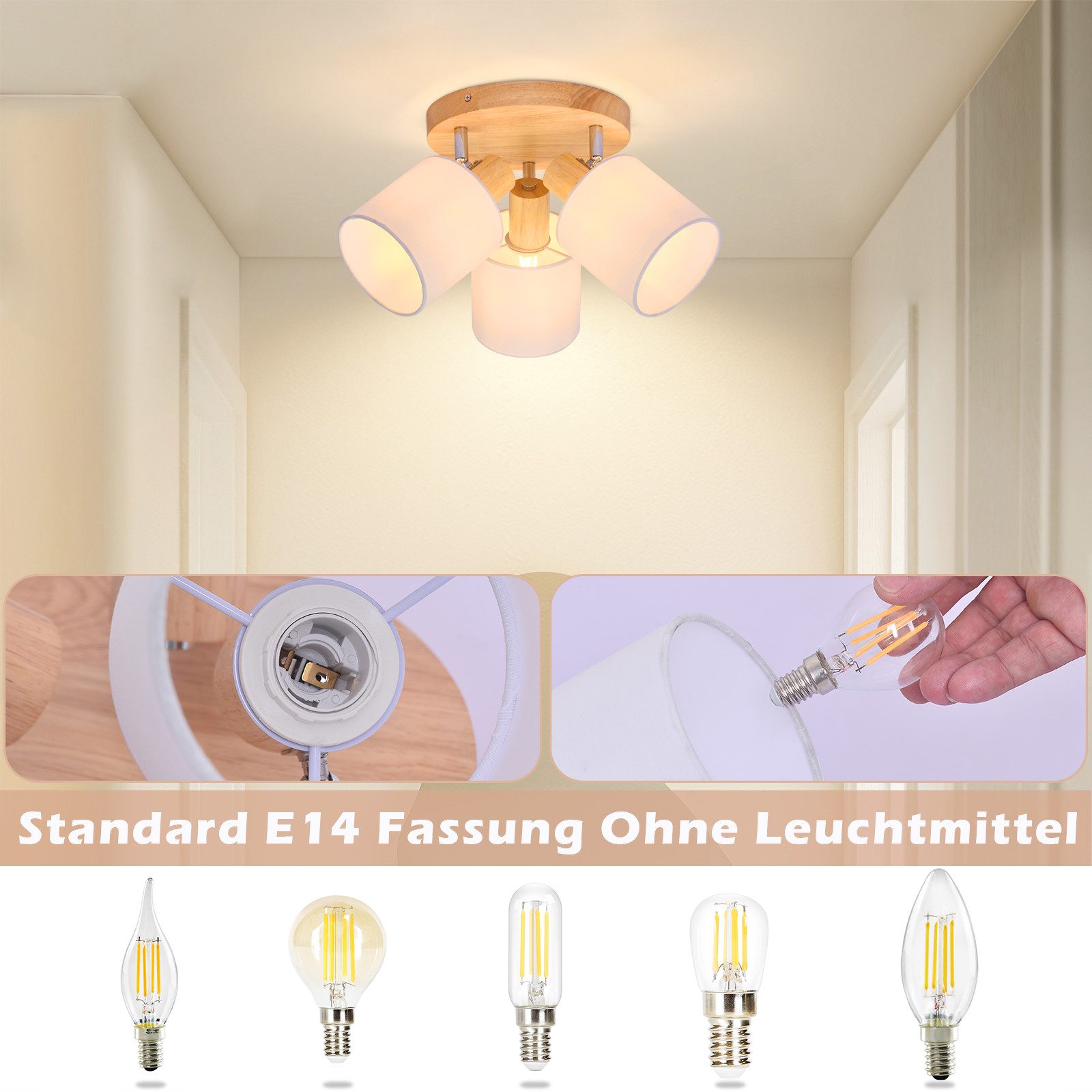 ZMH Deckenleuchte 3 Flammig E14 Deckenstrahler Vintage Deckenspot Schwenkbar, ohne Leuchtmittel, Stoffschrim Modern für Wohnzimmer Schlafzimmer Küche – Bild 4 von 5