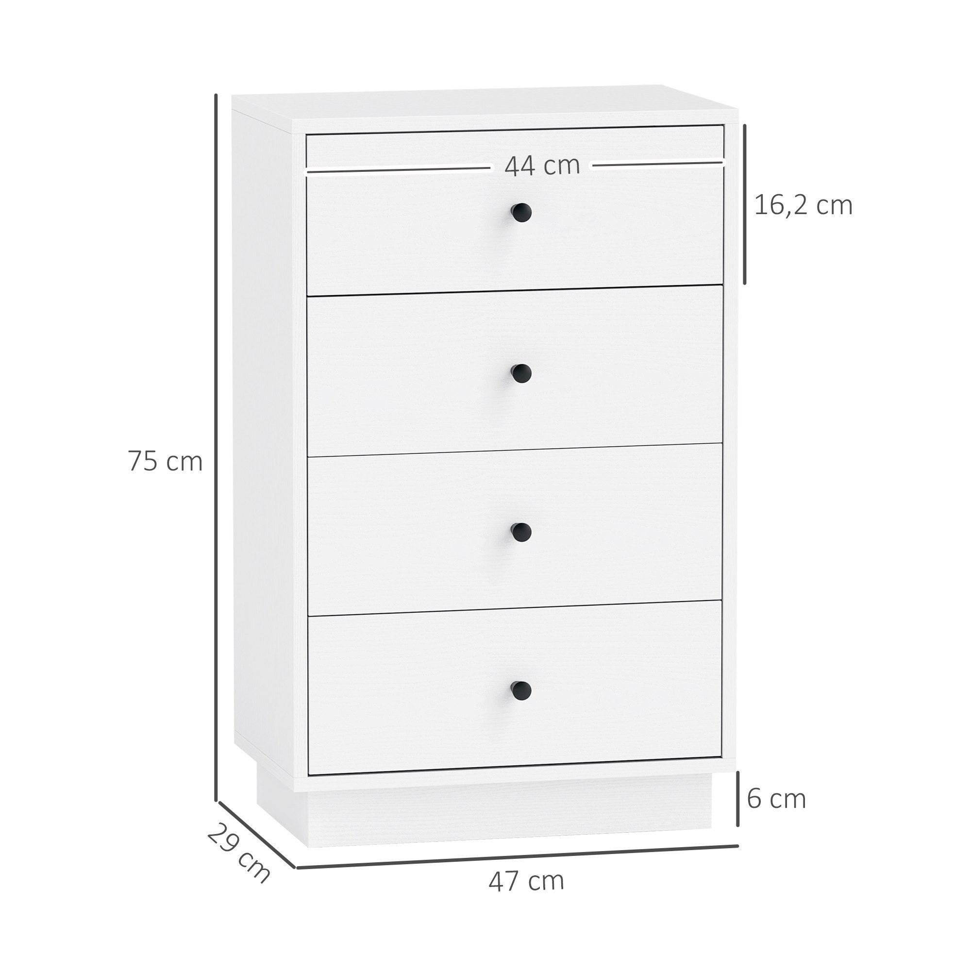 HOMCOM Kommode mit 4 Schubladen Aufbewahrungsschrank im Modern Stil Kommodenschrank (Schrank aus Holzwerkstoff, 1 St., Sideboard), für Wohnzimmer Schlafzimmer Flur 47 x 29 x 75 cm Weiß