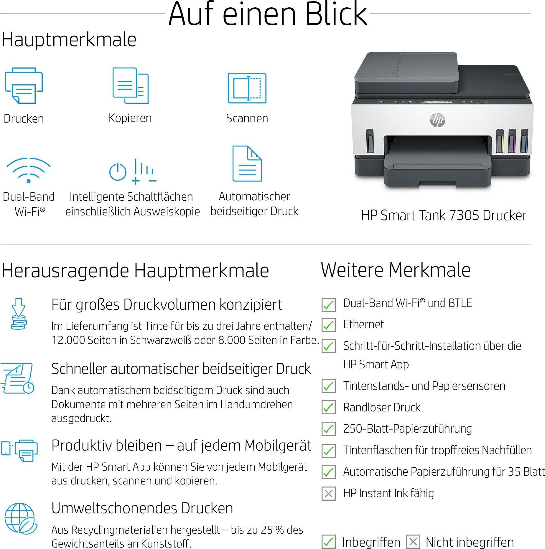 HP+ (Bluetooth, Wi-Fi Ink LAN Instant Multifunktionsdrucker, HP WLAN Smart Direct, (Wi-Fi), (Ethernet), 7305 kompatibel) Tank