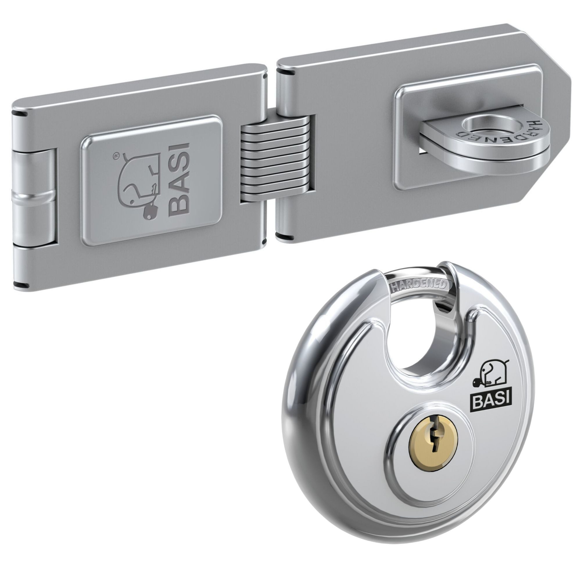 BASI Sicherheits-Stallriegel Sicherheitsüberfalle, Sicherheitsüberfalle 1 Gelenk - inkl. RVS 610 Vorhangschloss, (Spar-Set), mit Rundbügelschloss, 1 Gelenk und Öse, Länge: 150 mm
