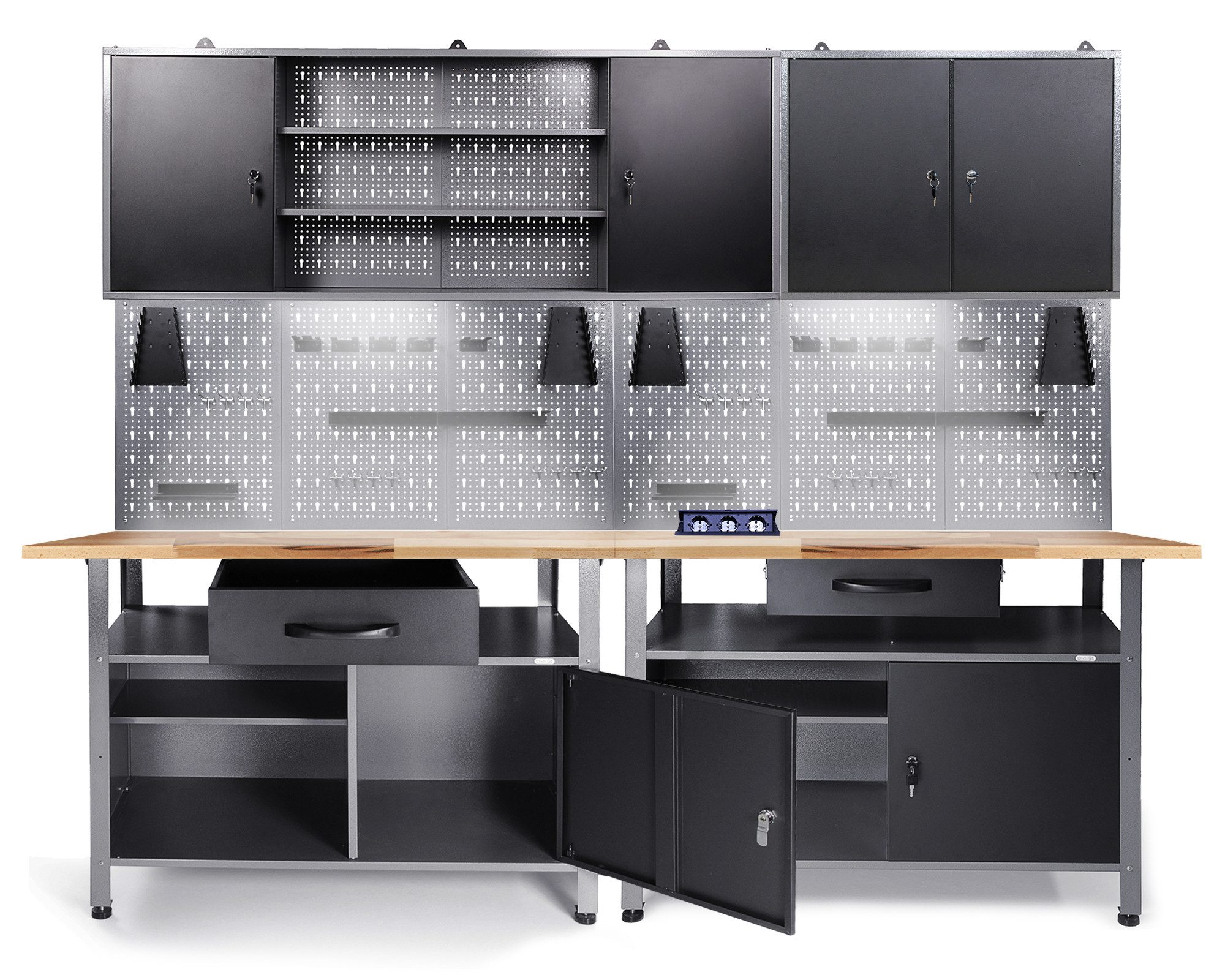 ONDIS24 Werkstatt-Set Werkstatt Set Klaus + 2 Schränke, Lochwand Set und Steckdose, (8-tlg)