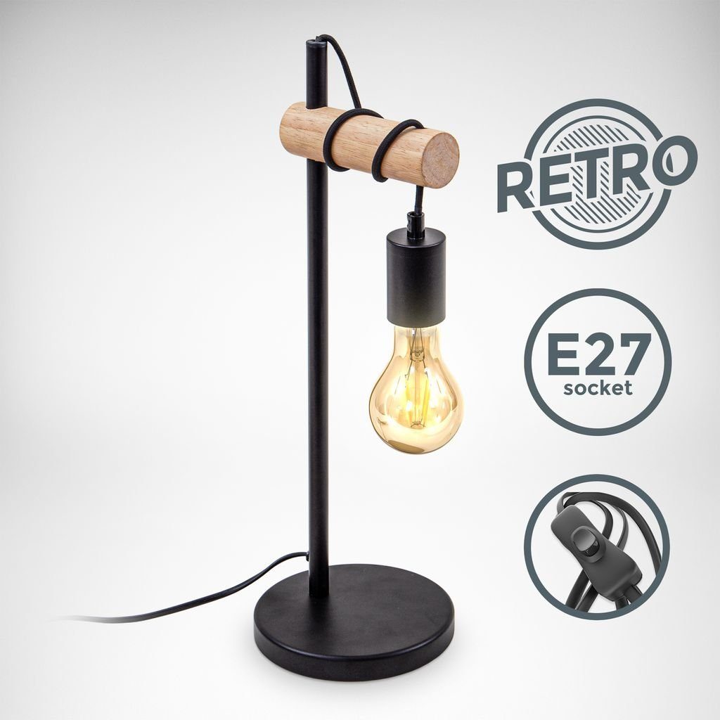 B.K.Licht Tischleuchte Nachttischlampe Vintage E27 Holz - BKL1341, ohne Leuchtmittel, Industrial Design LeselampeSchreibtischlampe ohne Leuchtmittel | Tischlampen