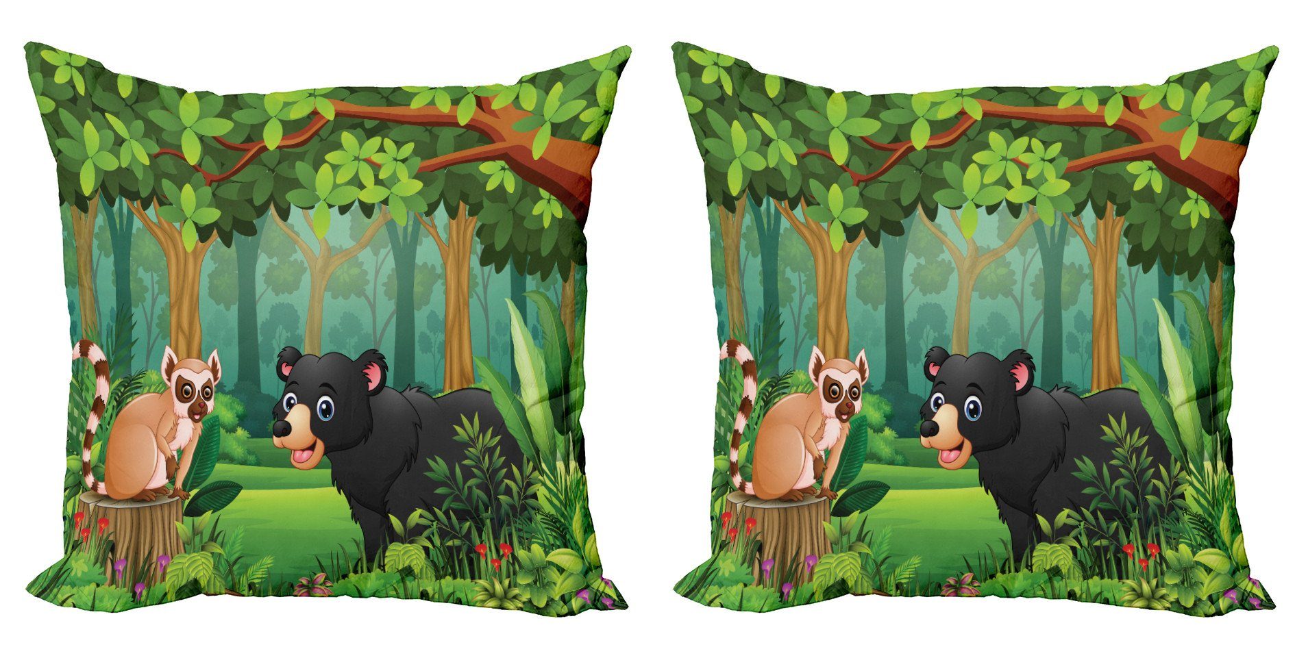 Abakuhaus Leben Kissenbezüge Modern Wild Accent Digitaldruck, (2 Bären-Karikatur Forest Lemur Doppelseitiger Stück),