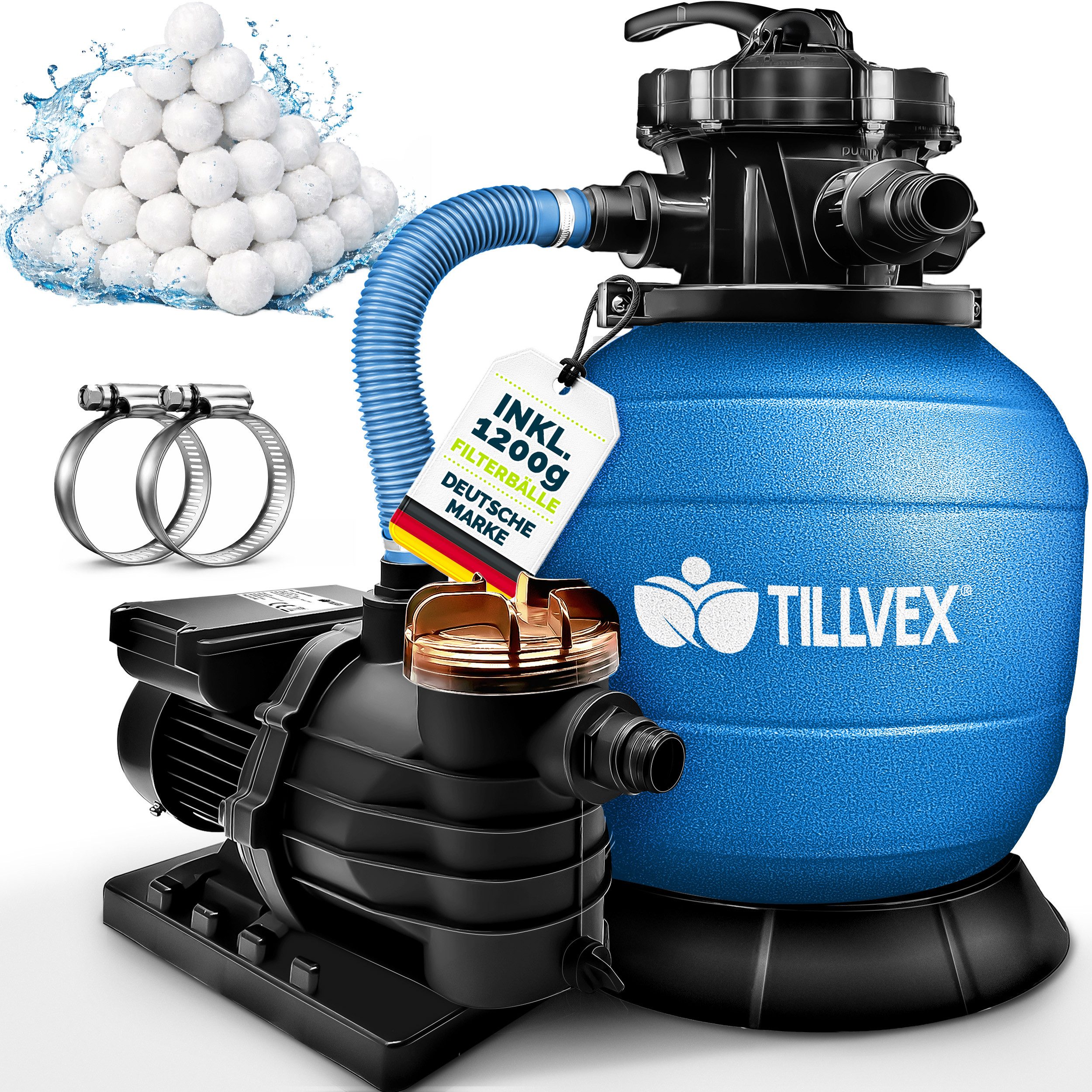 tillvex Sandfilteranlage tillvex Sandfilteranlage 13.200L/h mit 1200g Filterbällen + Pumpe (Poolfilter Selbstansaugend Sandfilter Schwimmbecken, Filteranlage 7-Wege Ventil & 2in1 Adapter Ø32-38mm), Pool 13.200L/h bis 40.000L + 1200g Filterbälle