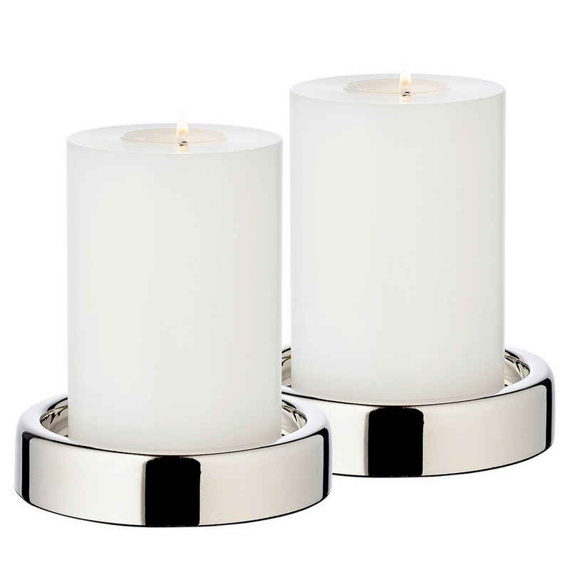 EDZARD Windlicht Sanremo (2er-Set), Vernickelter Kerzenhalter, Kerzenständer für Stumpenkerzen, hochglanzpoliert, Ø 10 cm