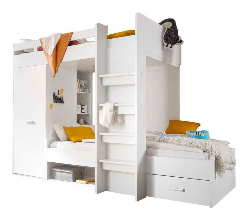 Begabino Hochbett Etagenbett für 2 Kinder MAXI, 90 x 200 cm, Weiß, mit Regalelement und integriertem Kleiderschrank