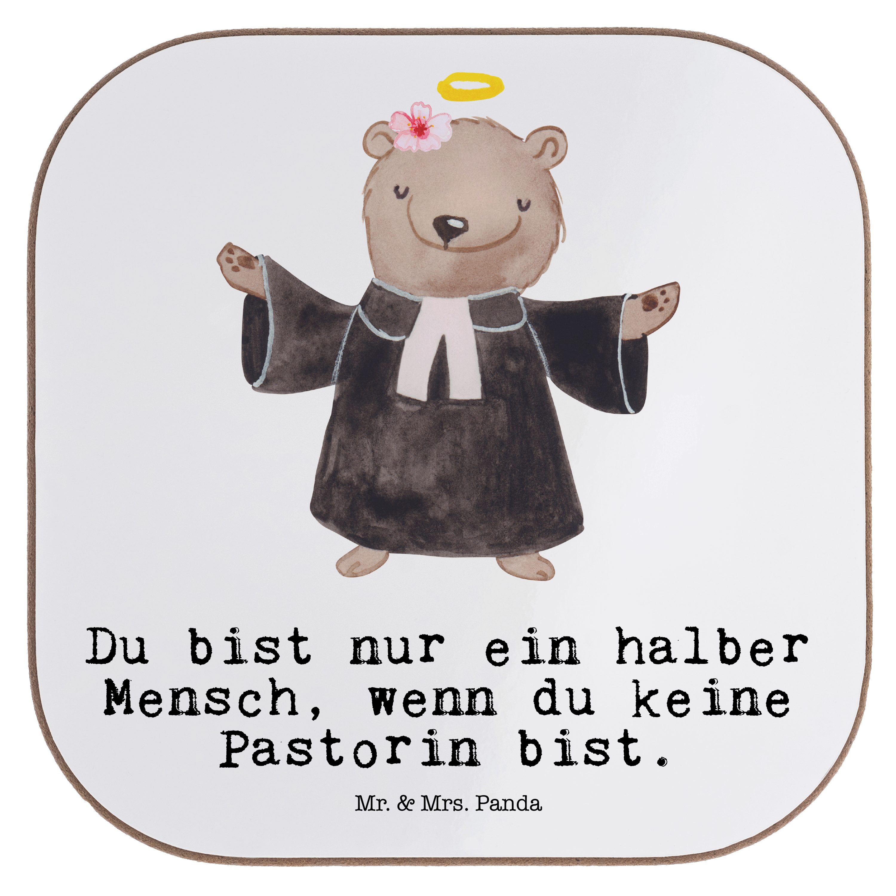 Mr. & Mrs. Panda Getränkeuntersetzer Pastorin mit Herz - Weiß - Geschenk, Kirche, Glasuntersetzer, Getränk, 1-tlg. | Getränkeuntersetzer