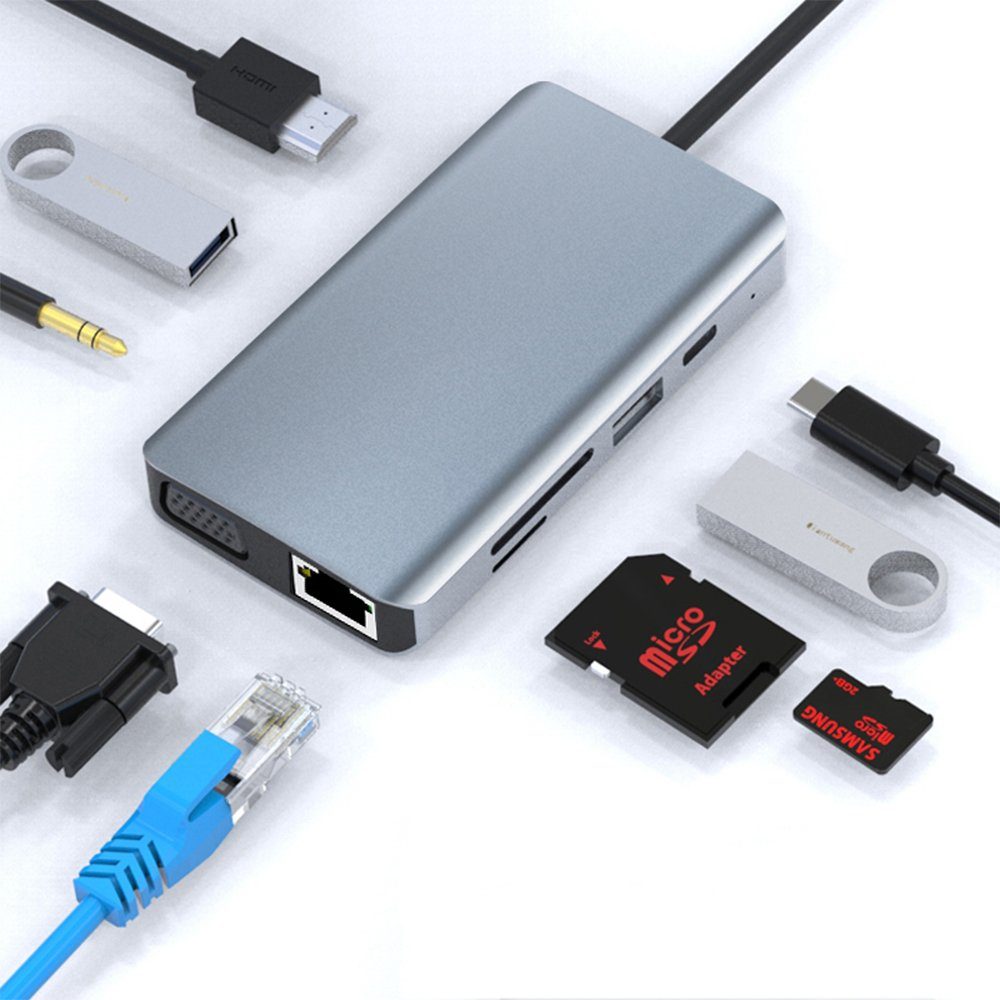 XIIW USB C Hub 9 in 1 Docking Satation Adapter mit 4K HDMI VGA Ethernet  RJ45 100W PD USB 3.0/2.0 SD/TF, USB C Adapter für MacBook, iPad, Surface,  Galaxy, Lenovo, Dell
