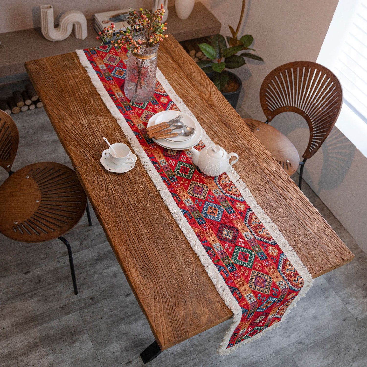 HOMEIDEAS Tischläufer, 30cm Tischläufer, Ethno-Stil Küchentischdekoration, Rot
