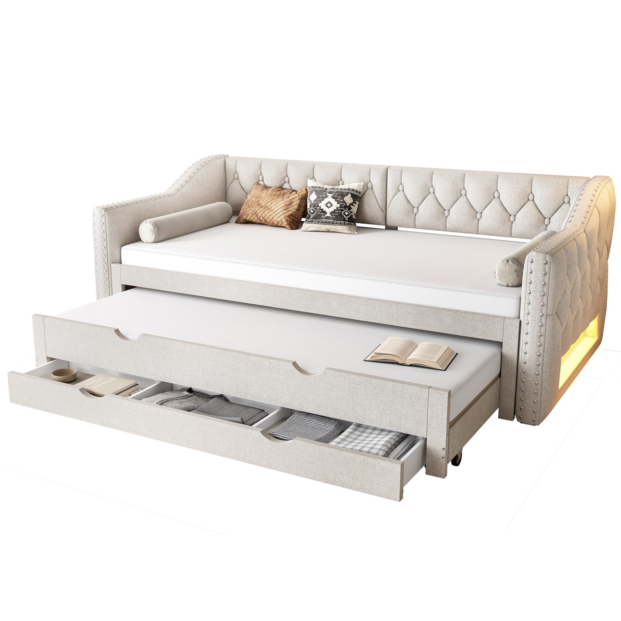 SOFTWEARY Stauraumbett Schlafsofa mit Bettfunktion (90x200 cm, mit LED-Beleuchtung, Gästebett und Schubladen), Einzelbett mit Lattenrost, Polsterbett, Leinen