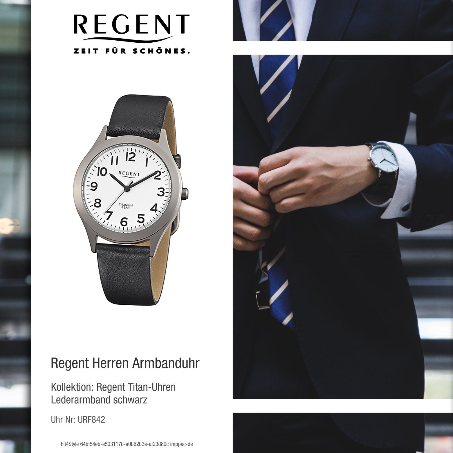 (ca. Herren Analog, Herren-Armbanduhr Armbanduhr Quarzuhr schwarz mittel Regent 37mm), Lederarmband Regent rund,