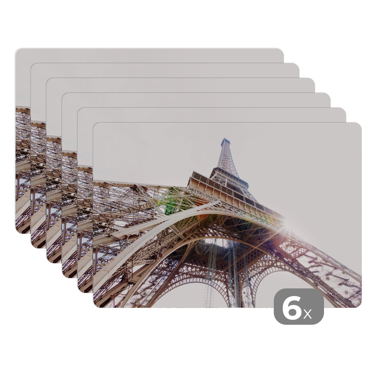 Platzset, Der Eiffelturm mit einem Sonnenstrahl durch den Eisenrahmen, MuchoWow, (6-St), Platzset, Platzdecken, Platzmatte, Tischmatten, Schmutzabweisend
