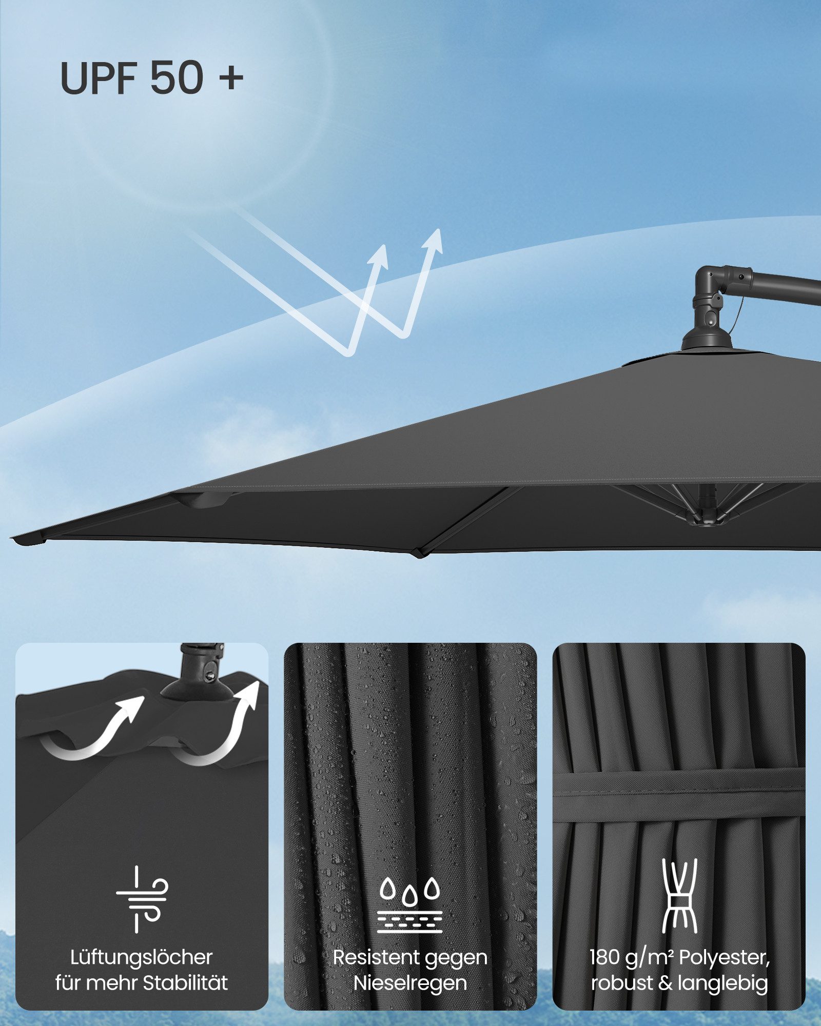 SONGMICS Sonnenschirm, Ø 300 cm,UV-Schutz UPF 50+,mit Kurbel,mit Ständer