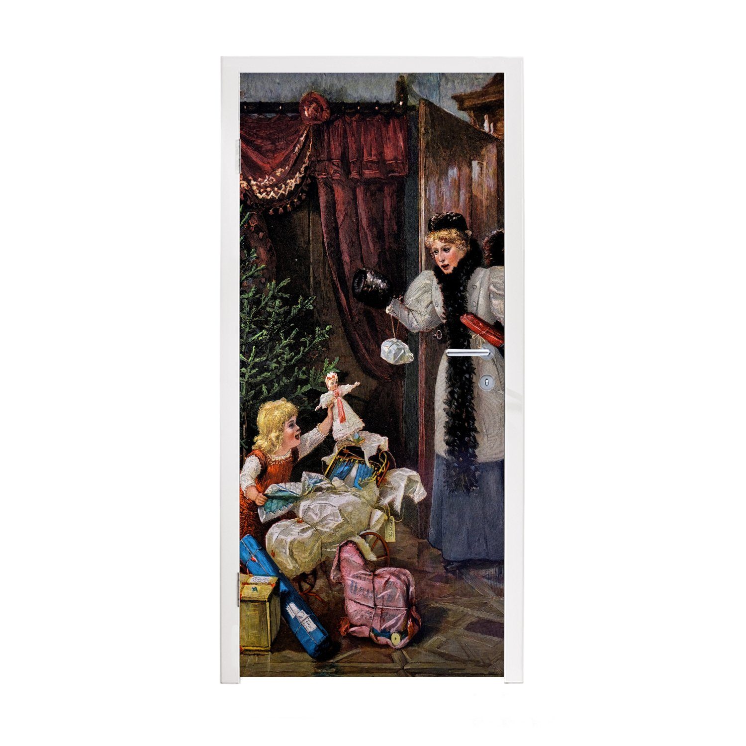 MuchoWow Türtapete Retro-Weihnachtsporträt - Weihnachten, Matt, bedruckt, (1 St), Fototapete für Tür, Türaufkleber, 75x205 cm