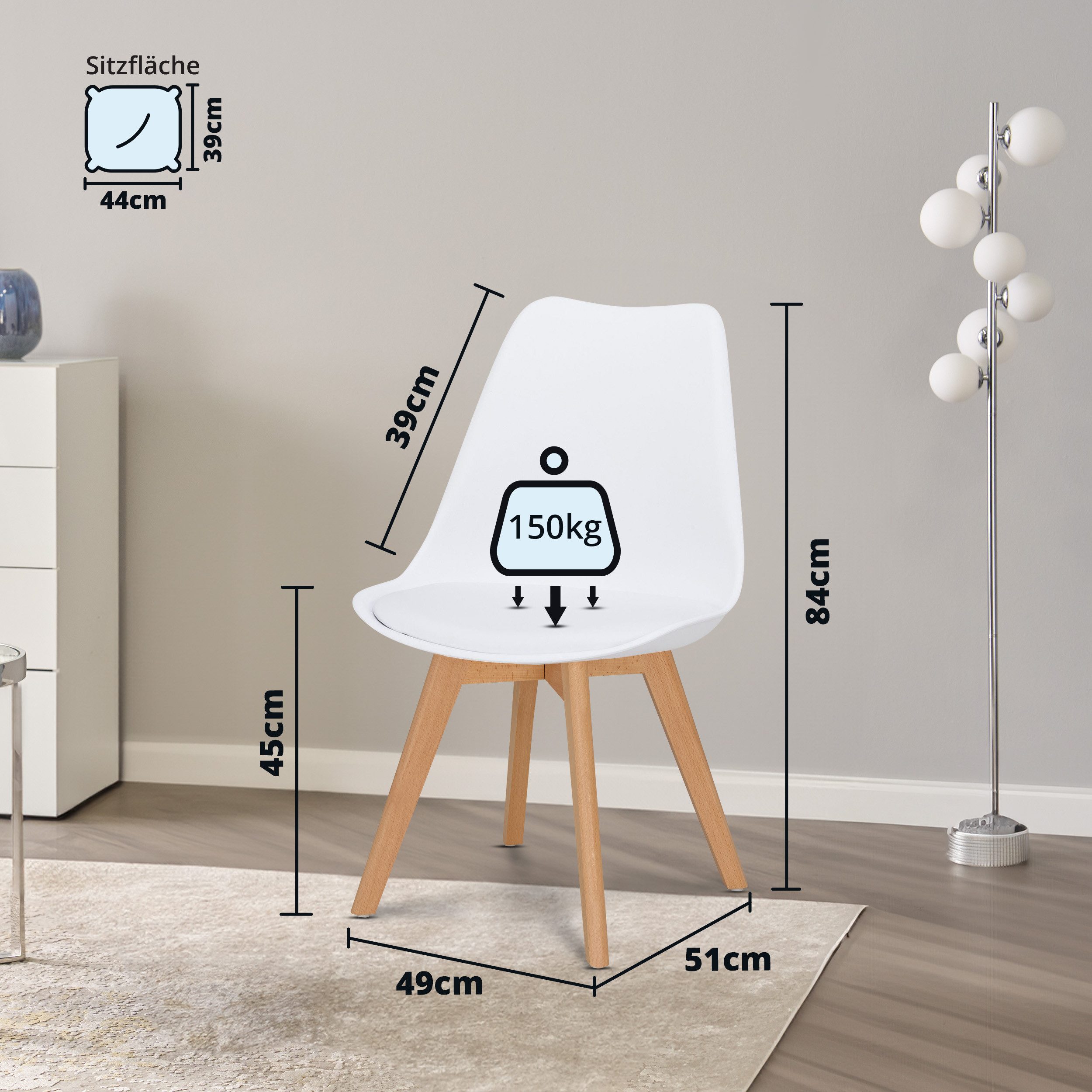 KHG Esszimmerstuhl Küchenstuhl Weiß, bis 150 kg belastbar, Skandi Look, Massivholz, 4-Fußgestell, Kunststoffsitzschale mit Kunstlederbezug