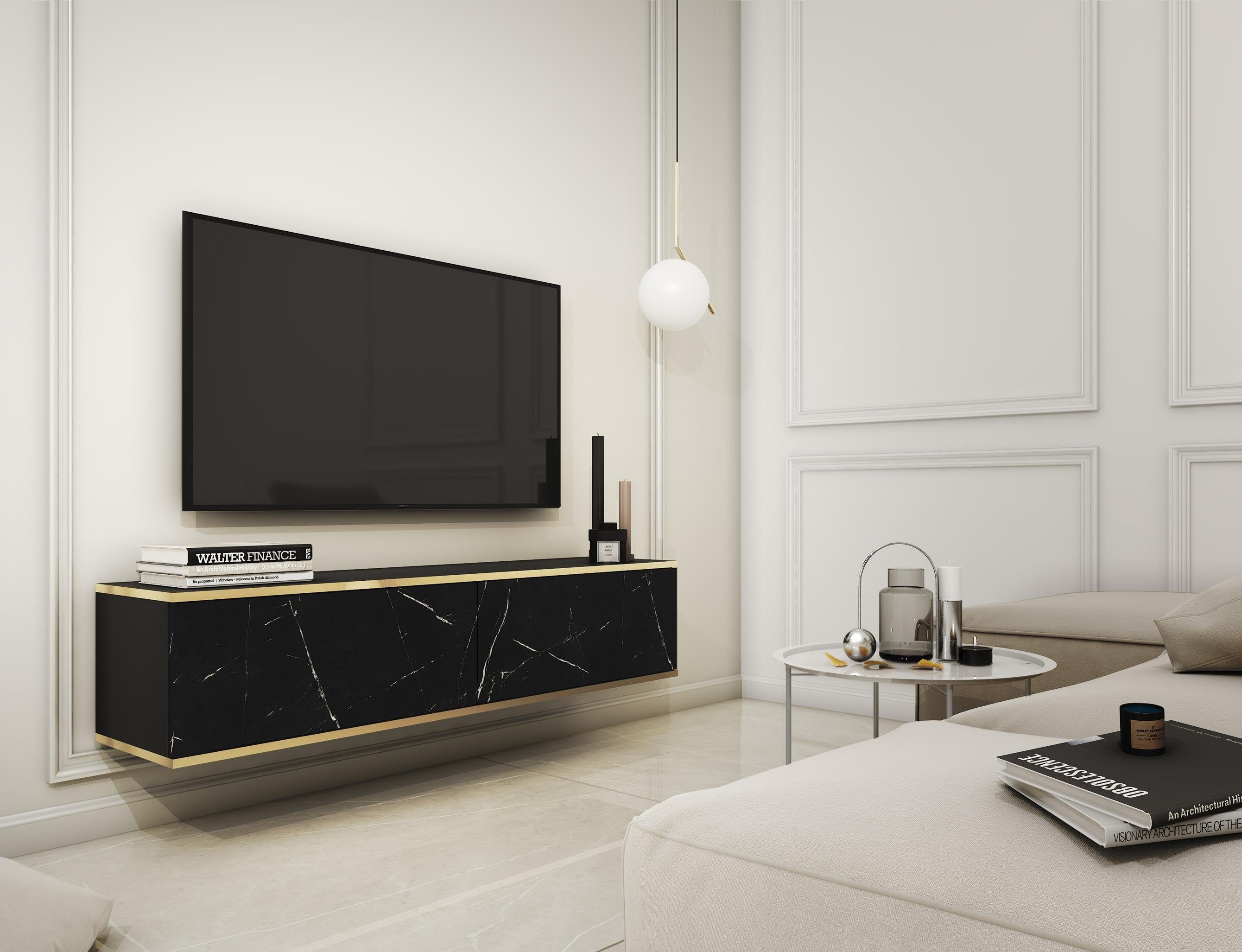 Furnix TV-Board LIWIA 135 TV-Schrank, Fernsehschrank mit Zierleisten, B135 x H30 x T32 cm Schwarzer Marmor