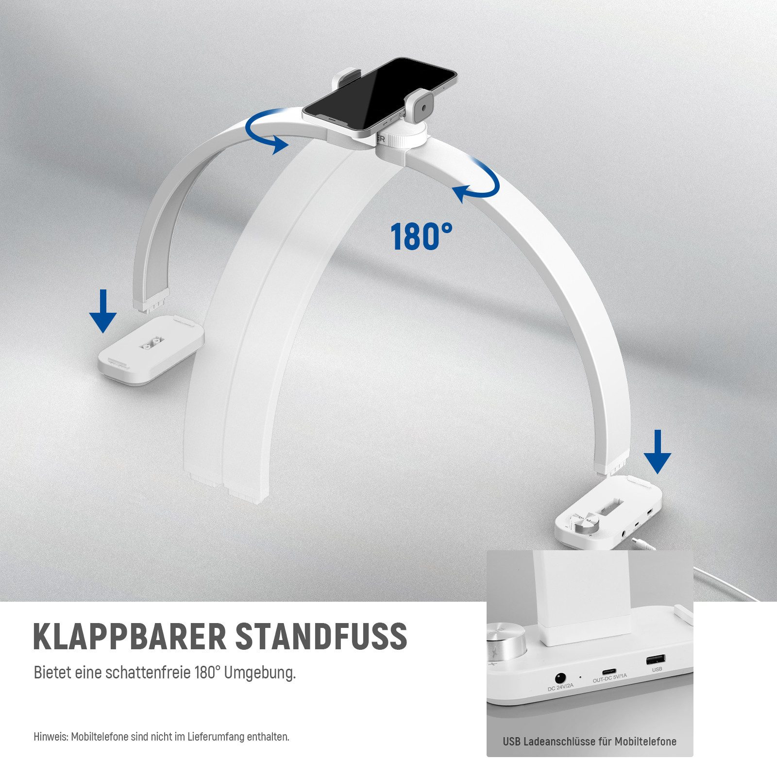 Neewer LED Schreibtischlampe HM01-D 29" Halbmond Nagellampe für Tisch, 40W, Bogenlampe, LED fest integriert, 3000K-6500K Nageltechnikleuchte, mit Telefonhalter, – Bild 5 von 5