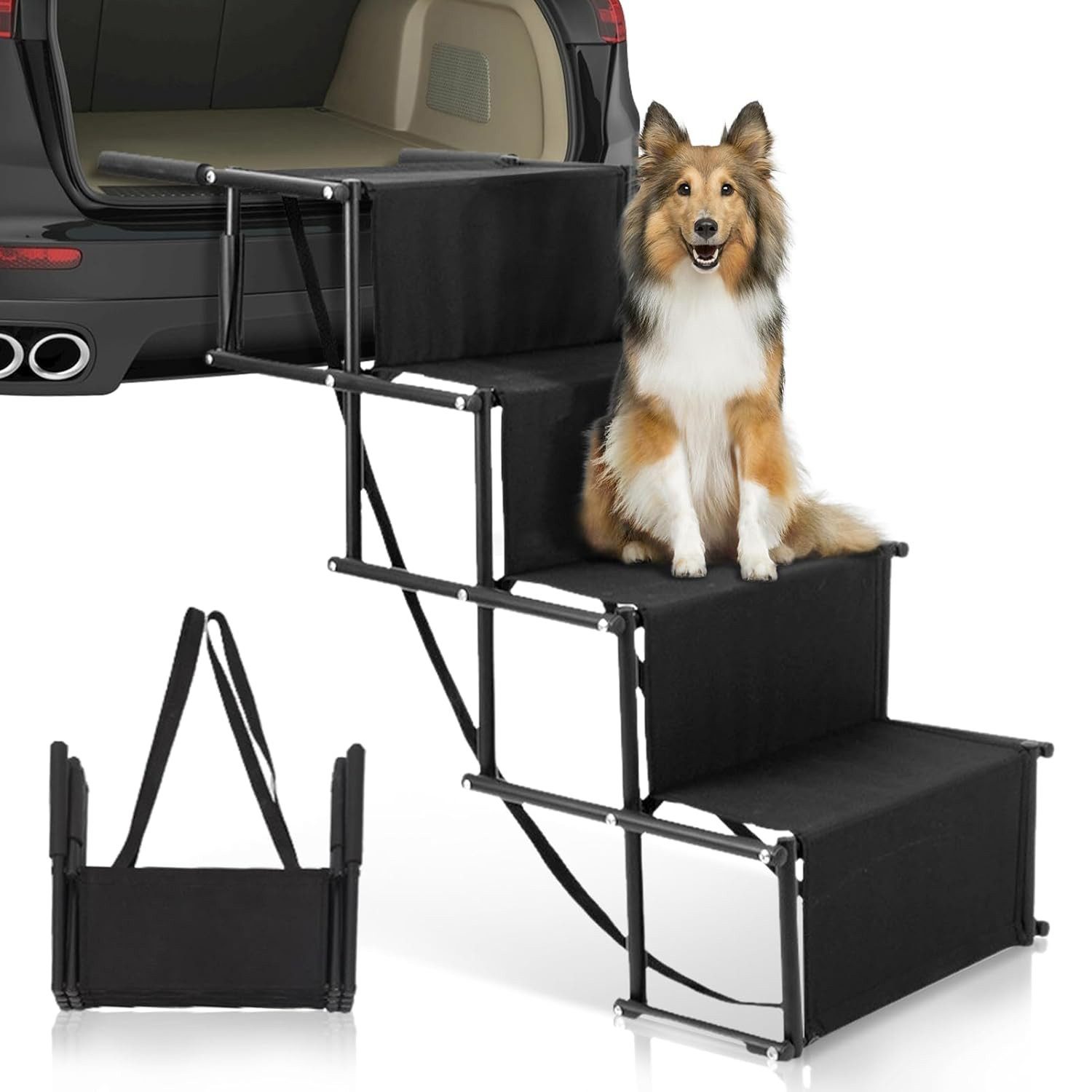 OSTWOLKE Hunderampe Hundetreppe Tiertreppe Auto klappbar 4 Stufen bis 70kg, Geeignet für Autos, Sofas und Betten, Gelenkschonende