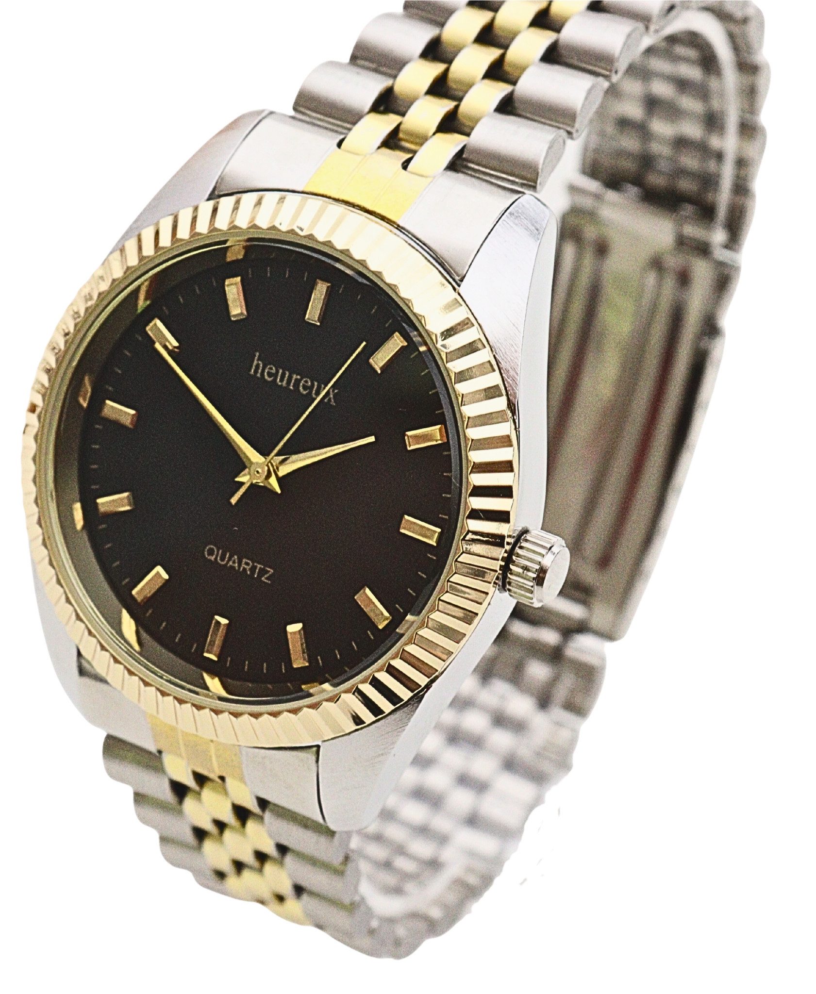 Rötting Design Quarzuhr Herrenuhr Quarz goldfarbene Lünette schwarzes Ziffernblatt, aus der Collection "heureux"