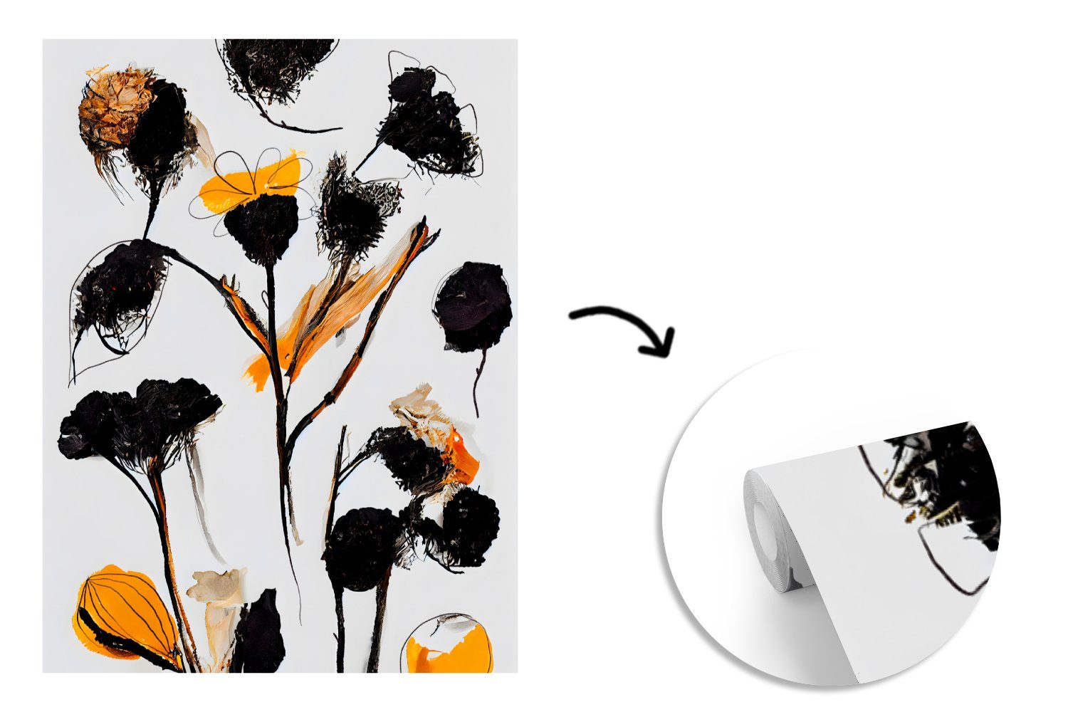 MuchoWow Fototapete Blumen - Vinyl Pflanzen Pastell St), Montagefertig Tapete Wohnzimmer, Gelb, - Matt, - bedruckt, Schwarz für (4 - Wandtapete