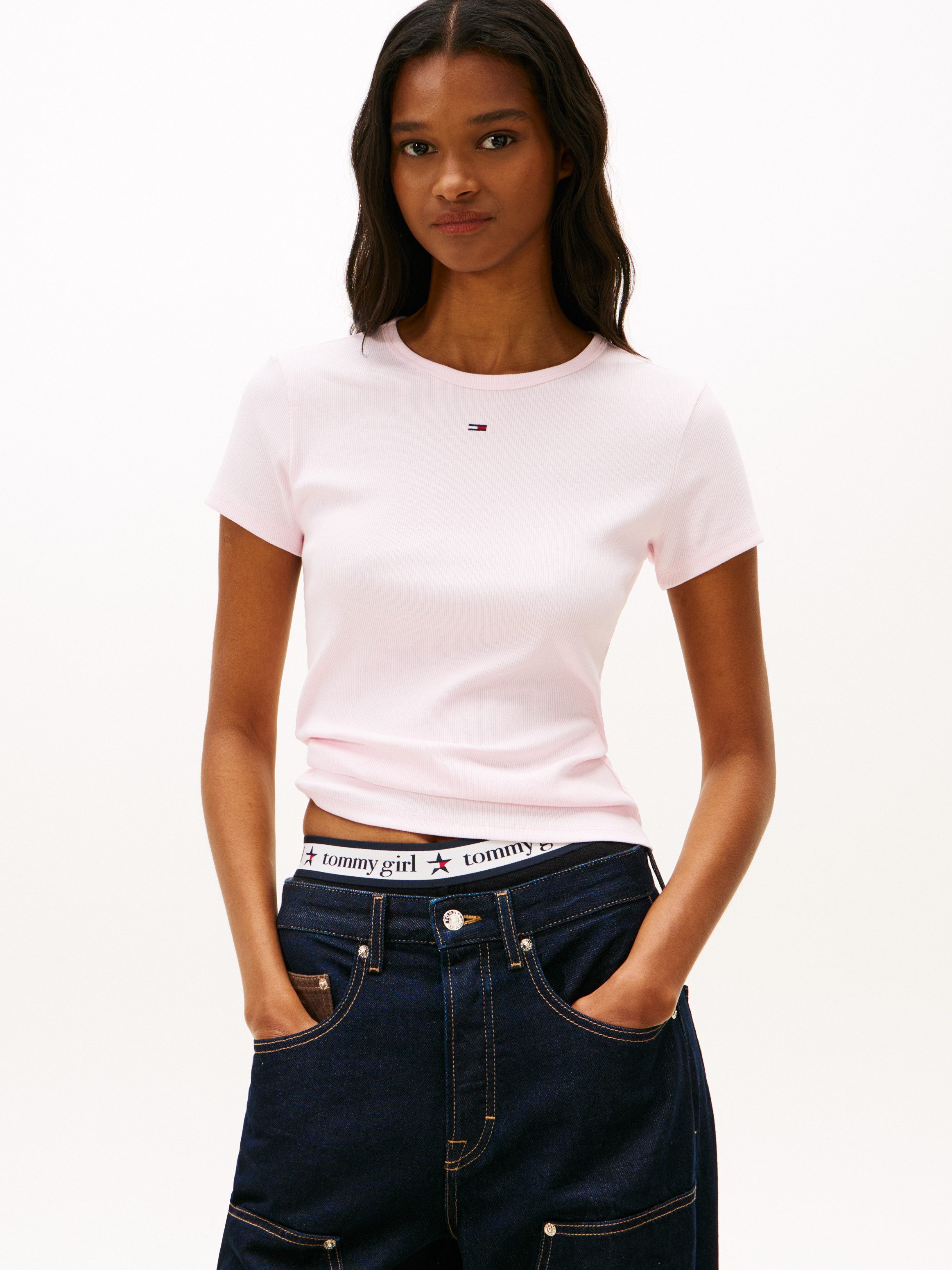 Tommy Jeans Kurzarmshirt TJW ESSENTIAL RIB SHORT SLEEVE EXT Baumwollmischung in gerippter Struktur, Slim Fit