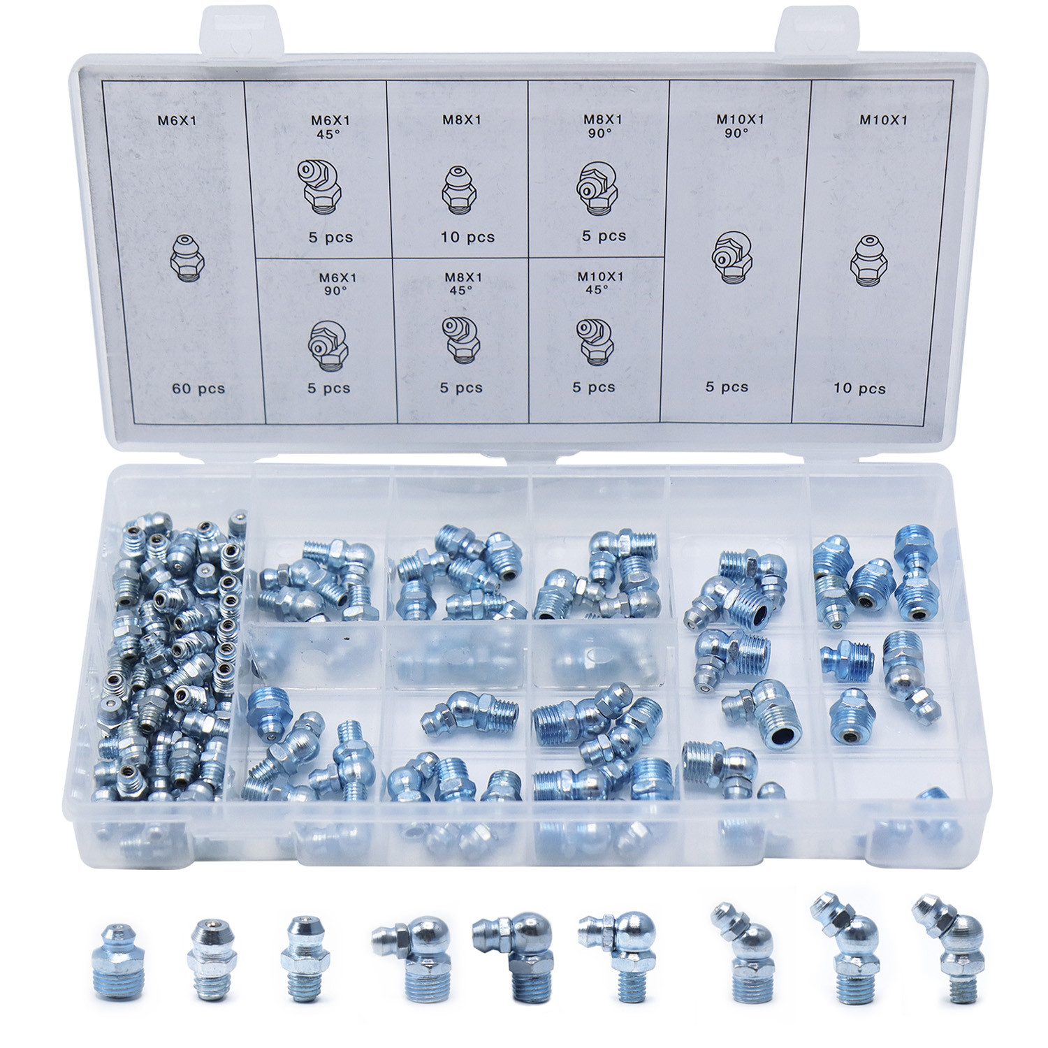 CCLIFE Werkstatt-Set Schmiernippel Sortiment M6 M8 M10 110tlg 45°90° Kegelschmiernippel, (110-tlg)
