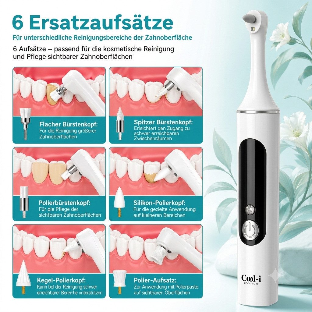 COOL-i ® Mundpflegecenter Zahnpolierer Set mit LED & 5 Modi& 6 Köpfen, Für kosmetische Zahnpflege, sanftes Aufhellen & frischen Atem