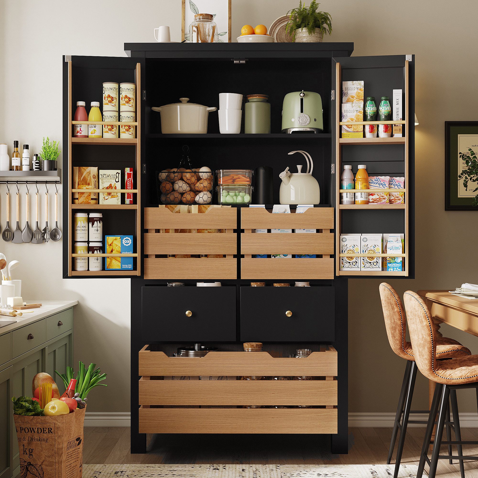 Flieks Küchenbuffet Mehrzweckschrank mit 5 Schubladen und 2 Türablagen (1-St., 80x40x140 cm) Hochschrank Küchenschrank mit Aufbewahrungskorb in Holzoptik