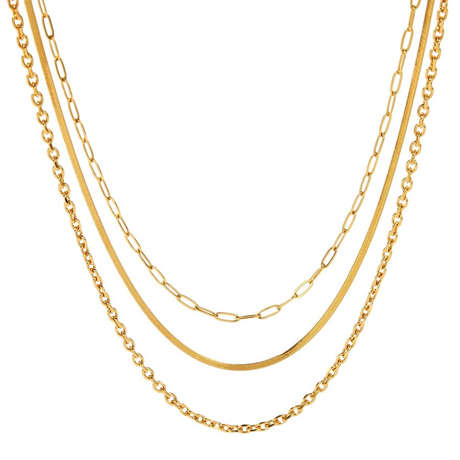 KARMA Kette ohne Anhänger Halskette mehrlagig Damen Gold modern 43 cm (Layerkette Sommermode Festival Schmuck, 3-tlg., Layering-Kette Kettenset), Damenkette vergoldet Damenschmuck