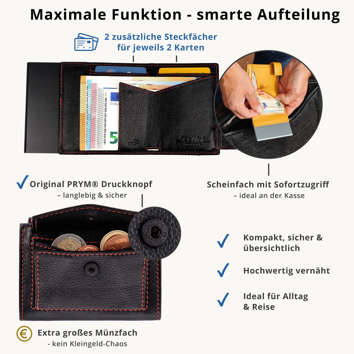 SecWal Geldbörse, Kartenetui mit Münzfach Druckknopf, Slim Wallet, RFID Schutz, Geldbeutel klein, für Damen und Herren