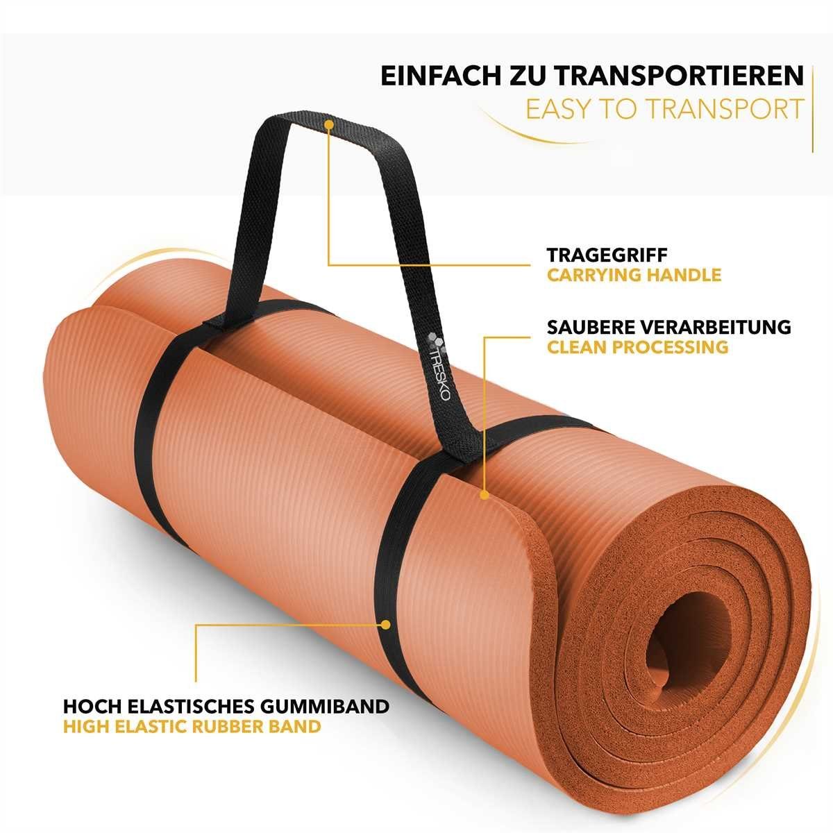 TRESKO Gymnastikmatte rutschfest mit Tragegurt Sportmatte gepolstert, Yogamatte Gymnastikmatte Dick Fitnessmatte
