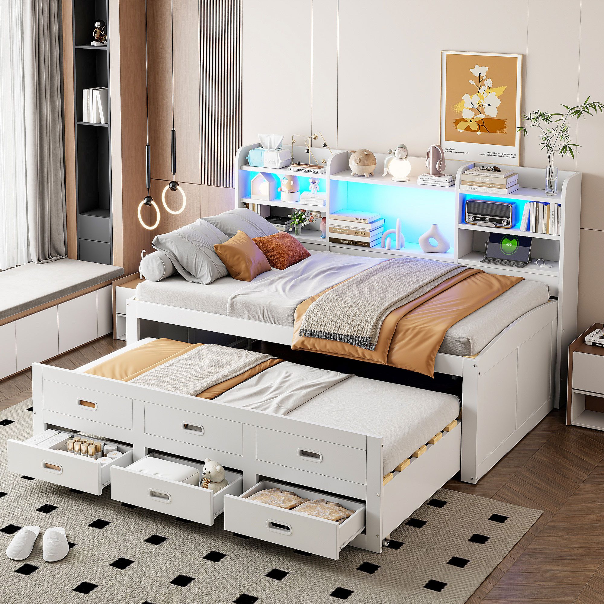 Odikalo Ausziehbett Schlafsofa Doppelbett Daybett USB Schubladen Nachttisch 90/140x200Weiß