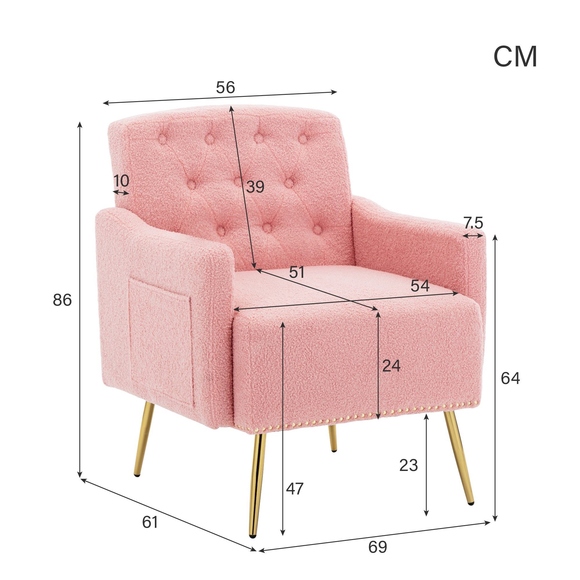 OKWISH Sessel Relaxsessel, Relaxstuhl, goldene oder Teddy-Samt-Stuhl Sessel, Lesen geeignet bequemer Metallbeine, bequemer Reißverschluss-Design rosa Sessel), (Wohnzimmerstuhl, Wohnzimmerstuhl, Entspannen, mit zum